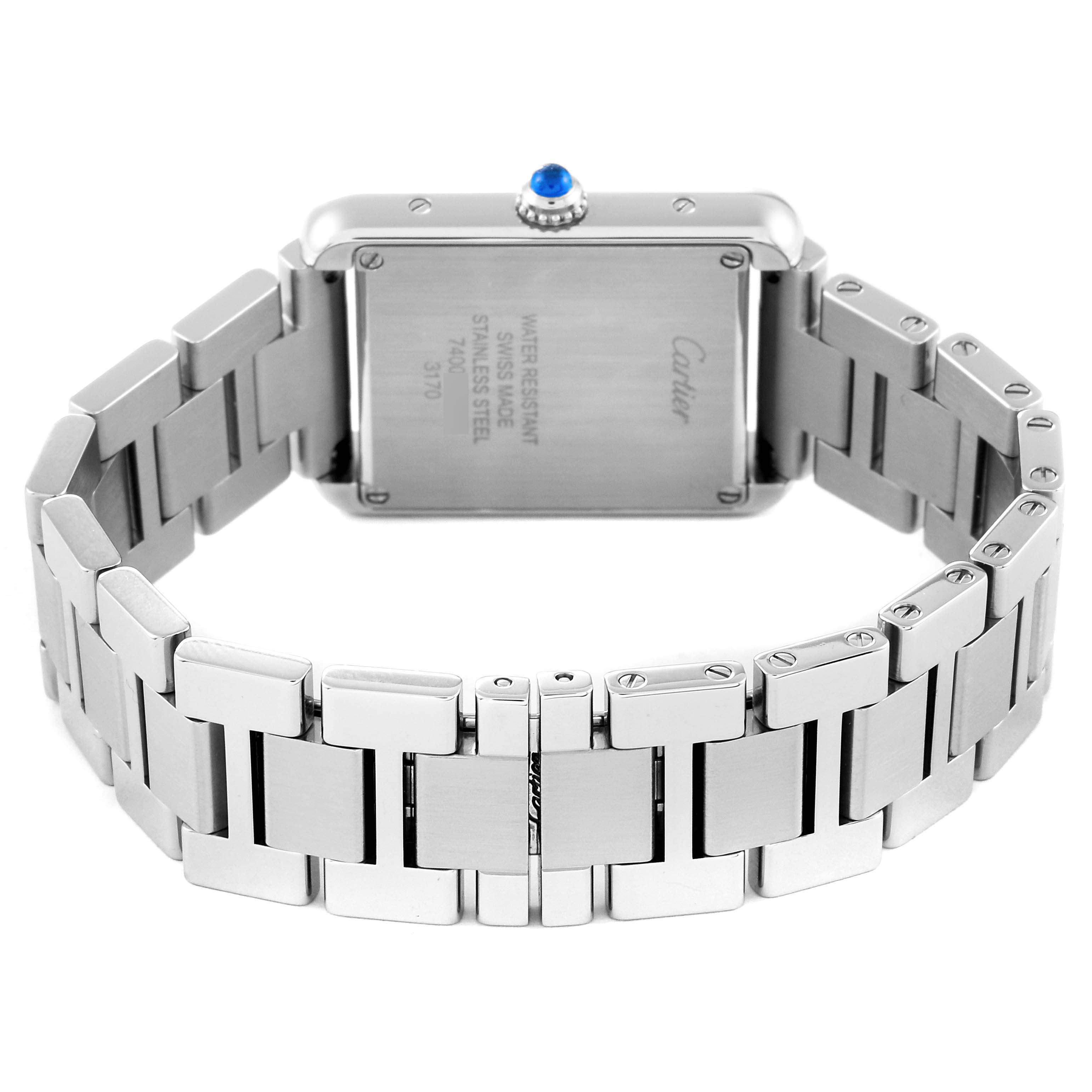 The image shows the back case and stainless steel bracelet of a Cartier Tank Solo W5200013 Women
s Stainless Steel Silver Dial W5200013 Women
s Stainless Steel Silver Dial watch.