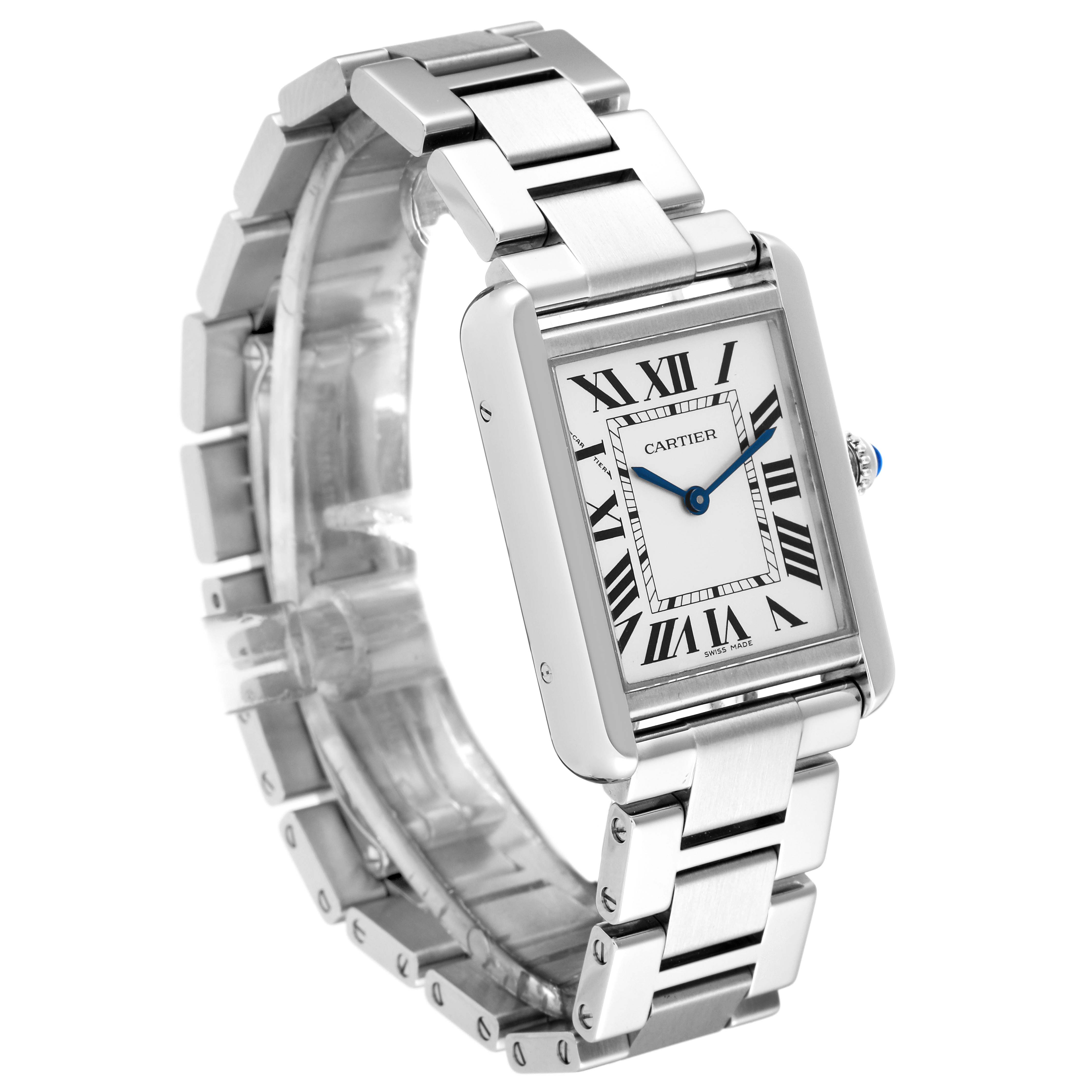 This image shows a Cartier Tank Solo W5200013 Women
s Stainless Steel Silver Dial W5200013 Women
s Stainless Steel Silver Dial watch from a three-quarter view, highlighting its rectangular case and metal bracelet.