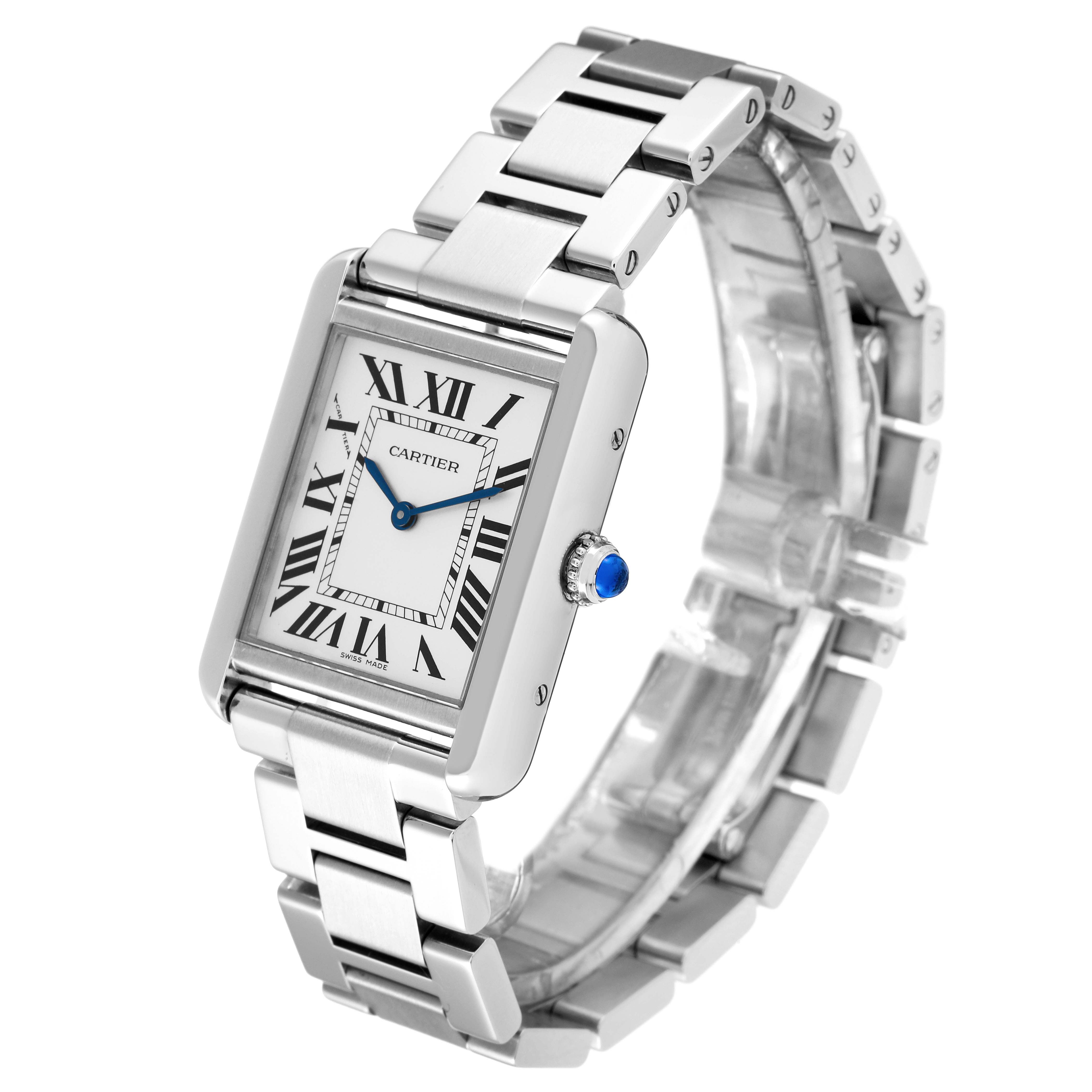 The image shows a Cartier Tank Solo W5200013 Women
s Stainless Steel Silver Dial W5200013 Women
s Stainless Steel Silver Dial watch from a slightly tilted angle, displaying the dial, bracelet, and crown with a blue cabochon.