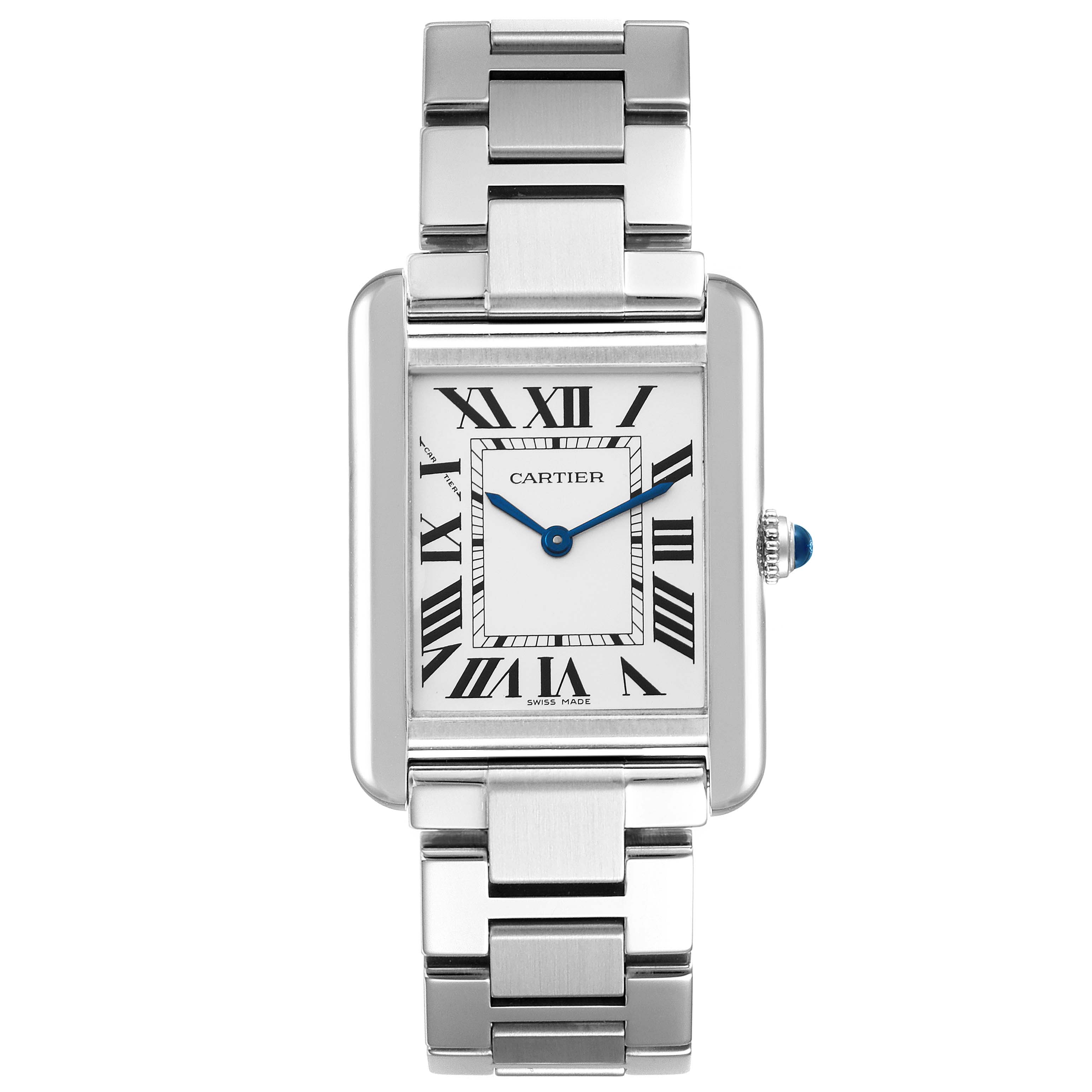This image shows a Cartier Tank Solo W5200013 Women
s Stainless Steel Silver Dial W5200013 Women
s Stainless Steel Silver Dial watch from a top-down angle, highlighting its rectangular face, Roman numerals, and metal bracelet.
