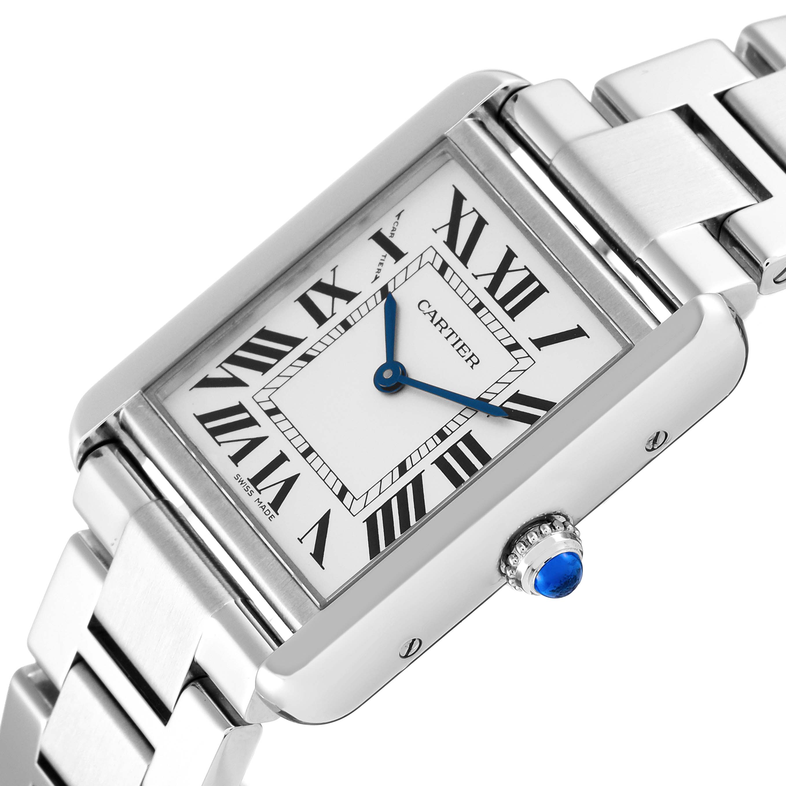 This image shows a Cartier Tank Solo W5200013 Women
s Stainless Steel Silver Dial W5200013 Women
s Stainless Steel Silver Dial watch at an oblique angle, highlighting the face, bezel, crown, and part of the bracelet.