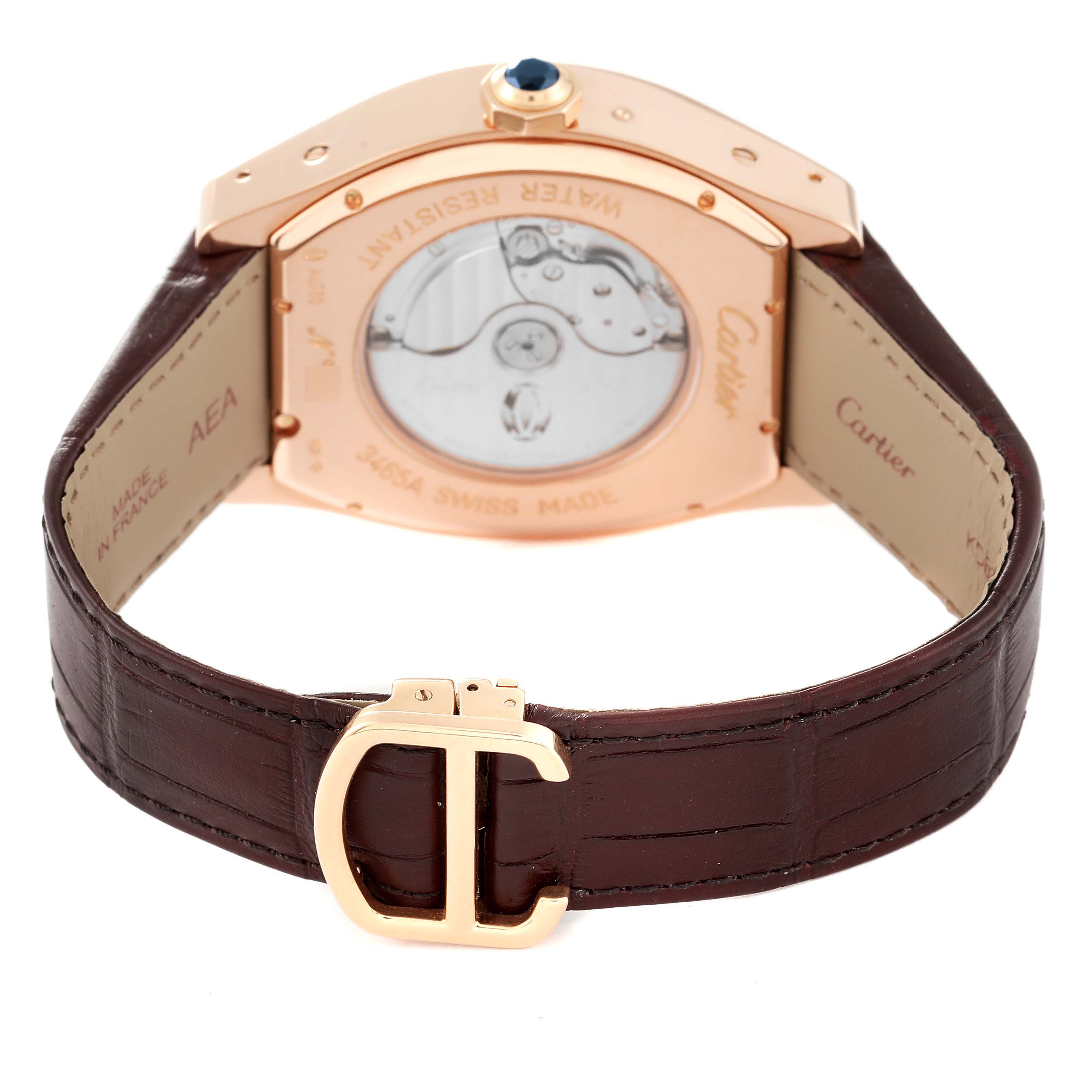 The image shows the back and strap of a Cartier Tortue W1580045 Men's Rose Gold Silver Dial W1580045 Men's Rose Gold Silver Dial watch, highlighting the case back, clasp, and leather strap.