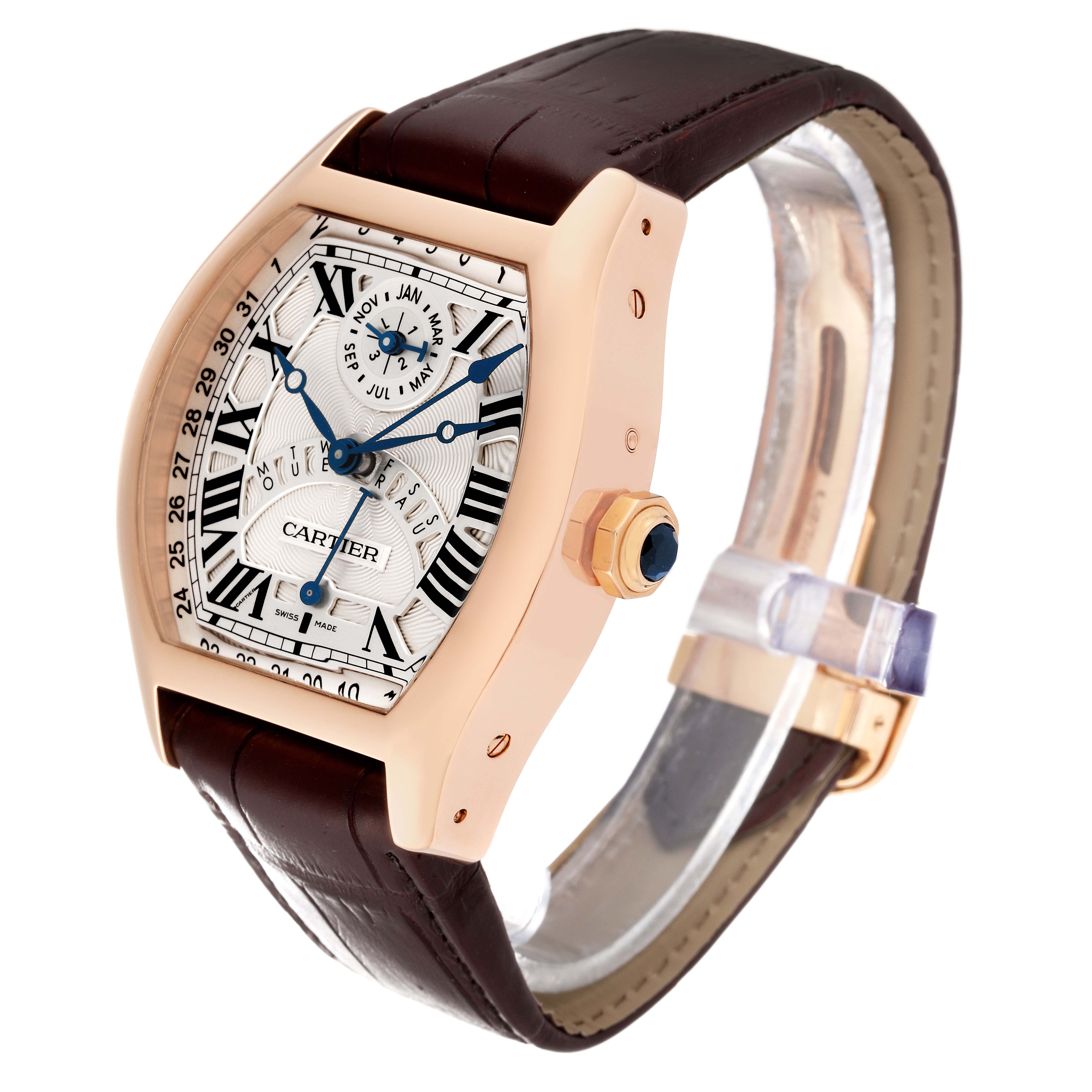 The Cartier Tortue W1580045 Men's Rose Gold Silver Dial W1580045 Men's Rose Gold Silver Dial model watch is shown at a three-quarter angle, displaying the face, dial, crown, and leather strap.
