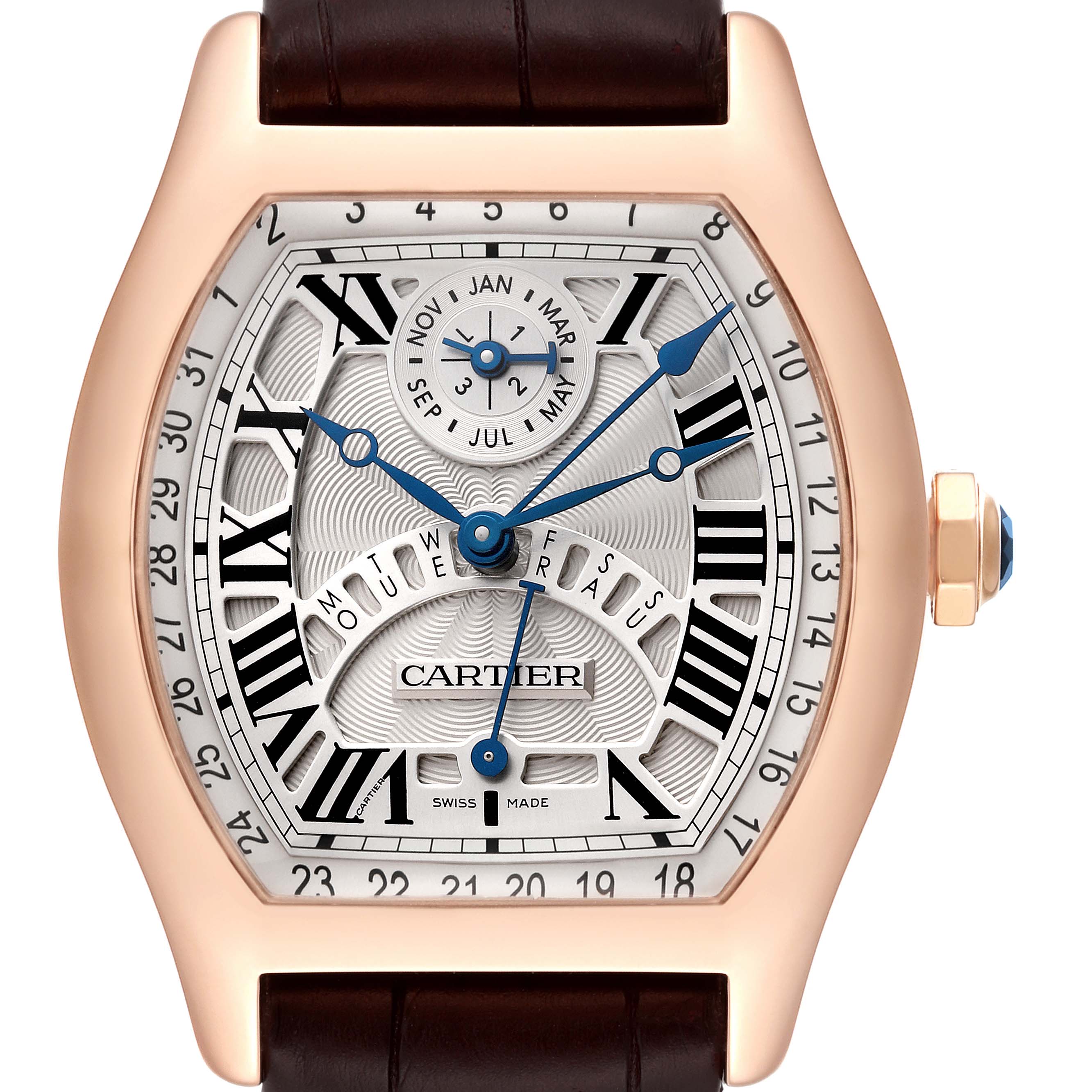 The image shows a front view of a Cartier Tortue W1580045 Men's Rose Gold Silver Dial W1580045 Men's Rose Gold Silver Dial watch, highlighting the dial, hands, and date indicators.