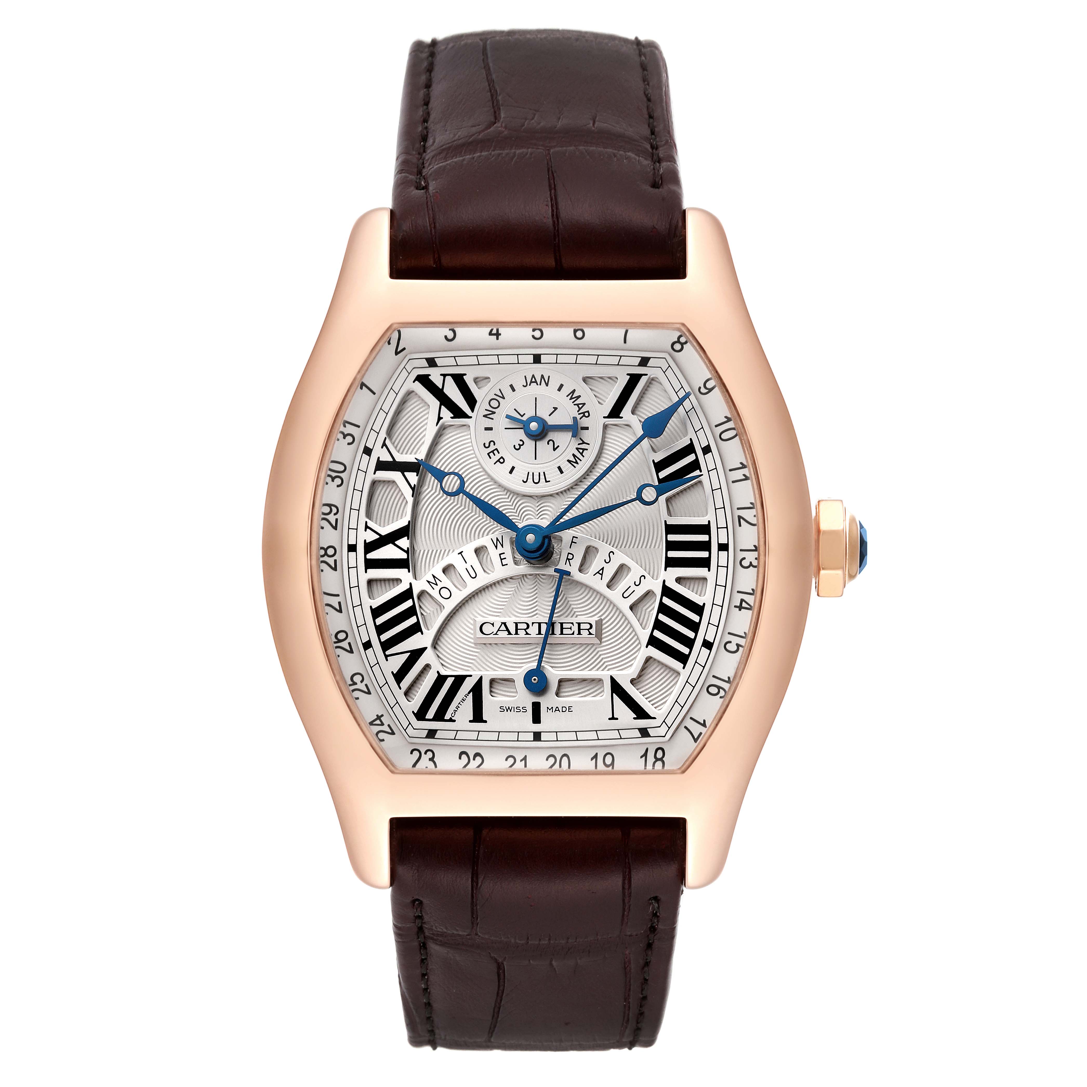 This image shows a front view of the Cartier Tortue W1580045 Men's Rose Gold Silver Dial W1580045 Men's Rose Gold Silver Dial watch, including the dial, hands, case, and leather strap.