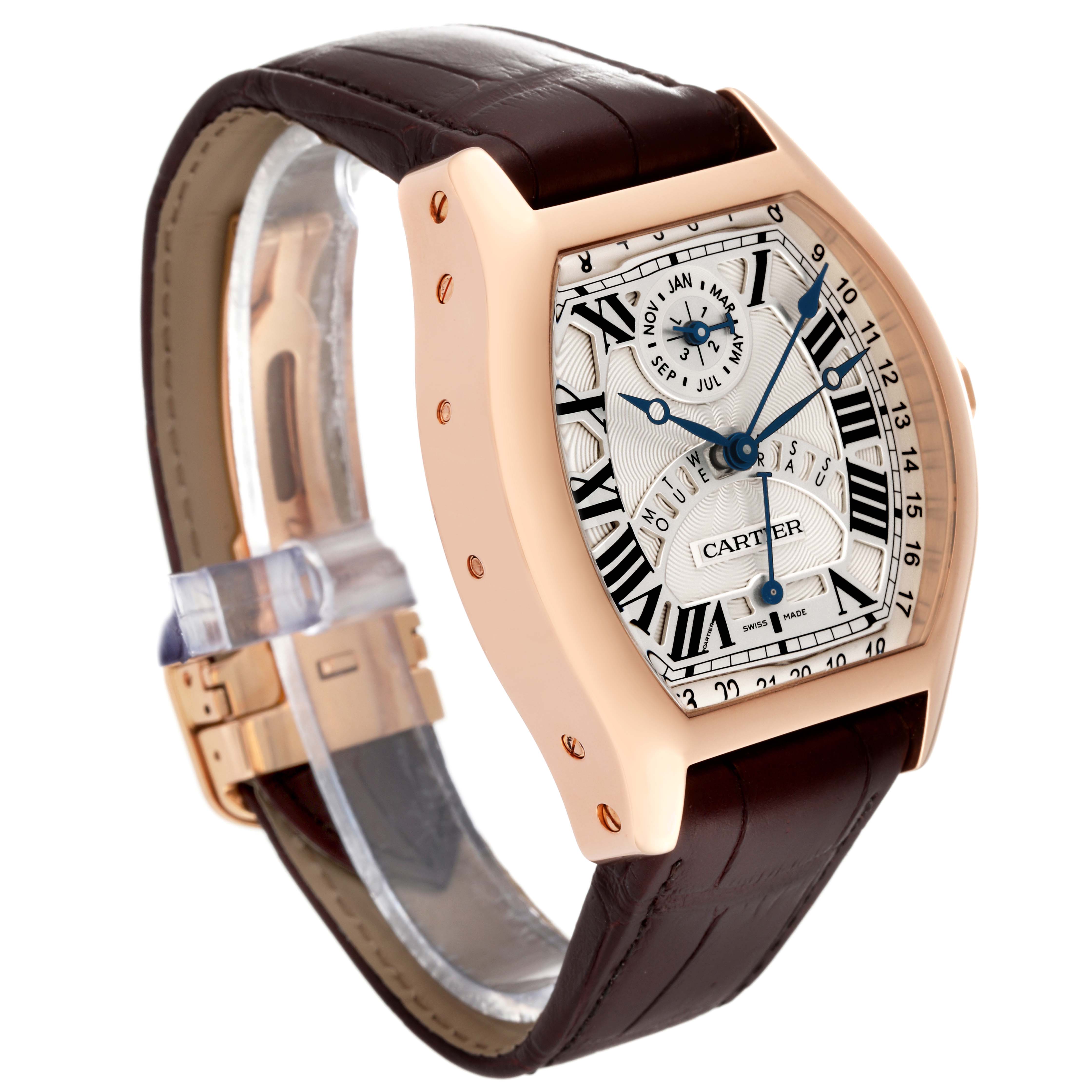 The Cartier Tortue W1580045 Men's Rose Gold Silver Dial W1580045 Men's Rose Gold Silver Dial watch is shown at a slight angle, displaying its face, bezel, crown, and leather strap.
