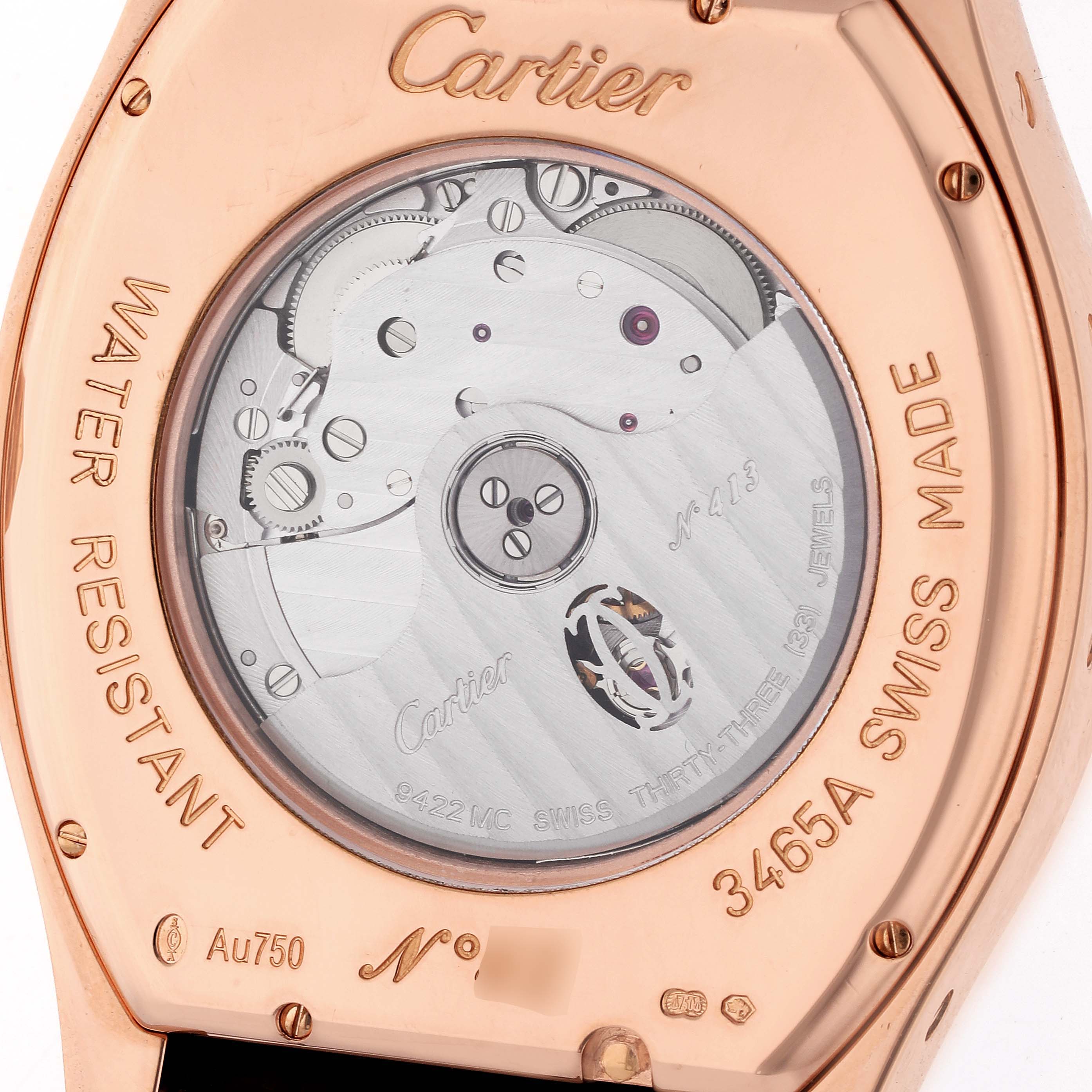 The image shows the back view of the Cartier Tortue W1580045 Men's Rose Gold Silver Dial W1580045 Men's Rose Gold Silver Dial watch, highlighting its movement and inscriptions.
