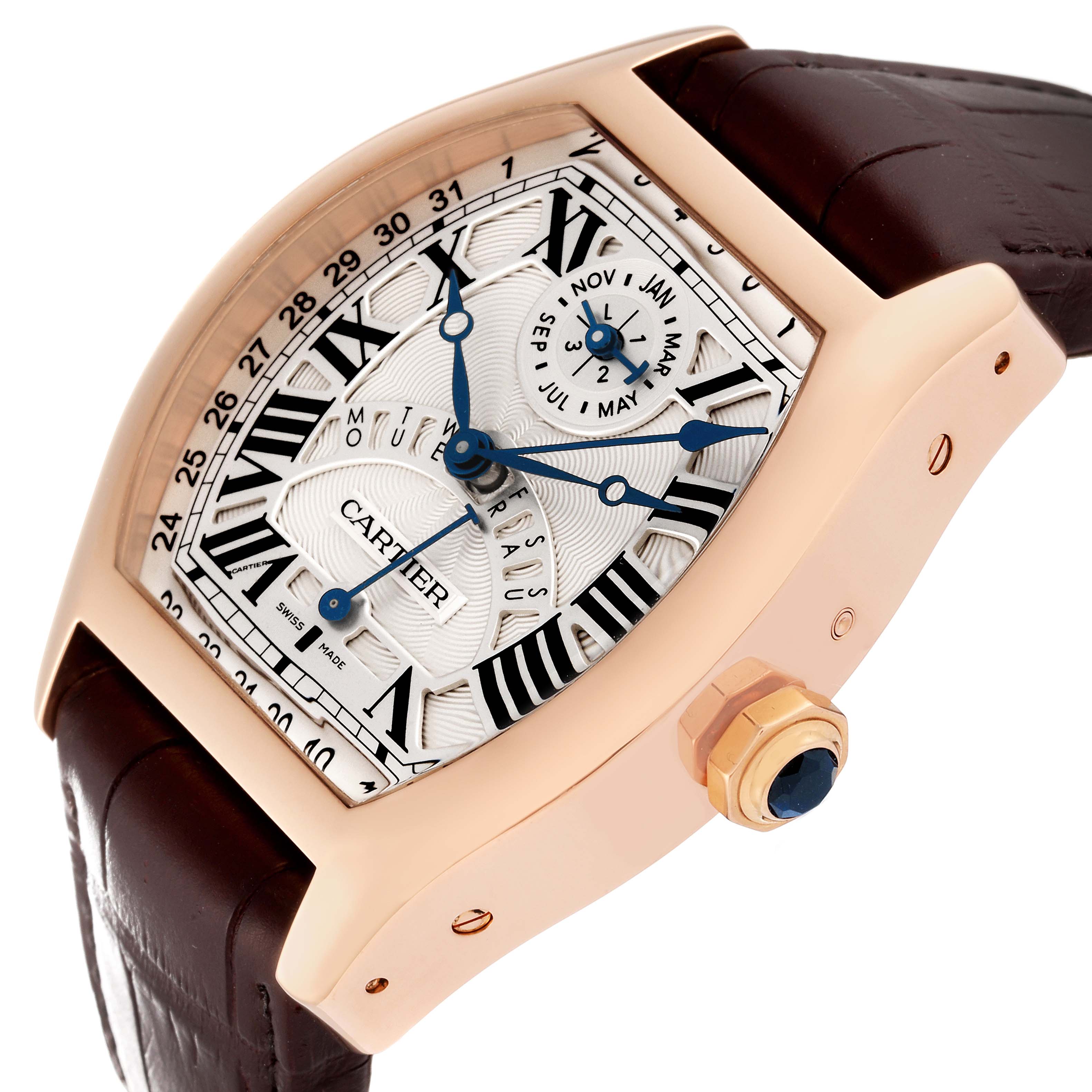 The image shows a close-up angle of the face and side of a Cartier Tortue W1580045 Men's Rose Gold Silver Dial W1580045 Men's Rose Gold Silver Dial watch, highlighting its dial and crown.