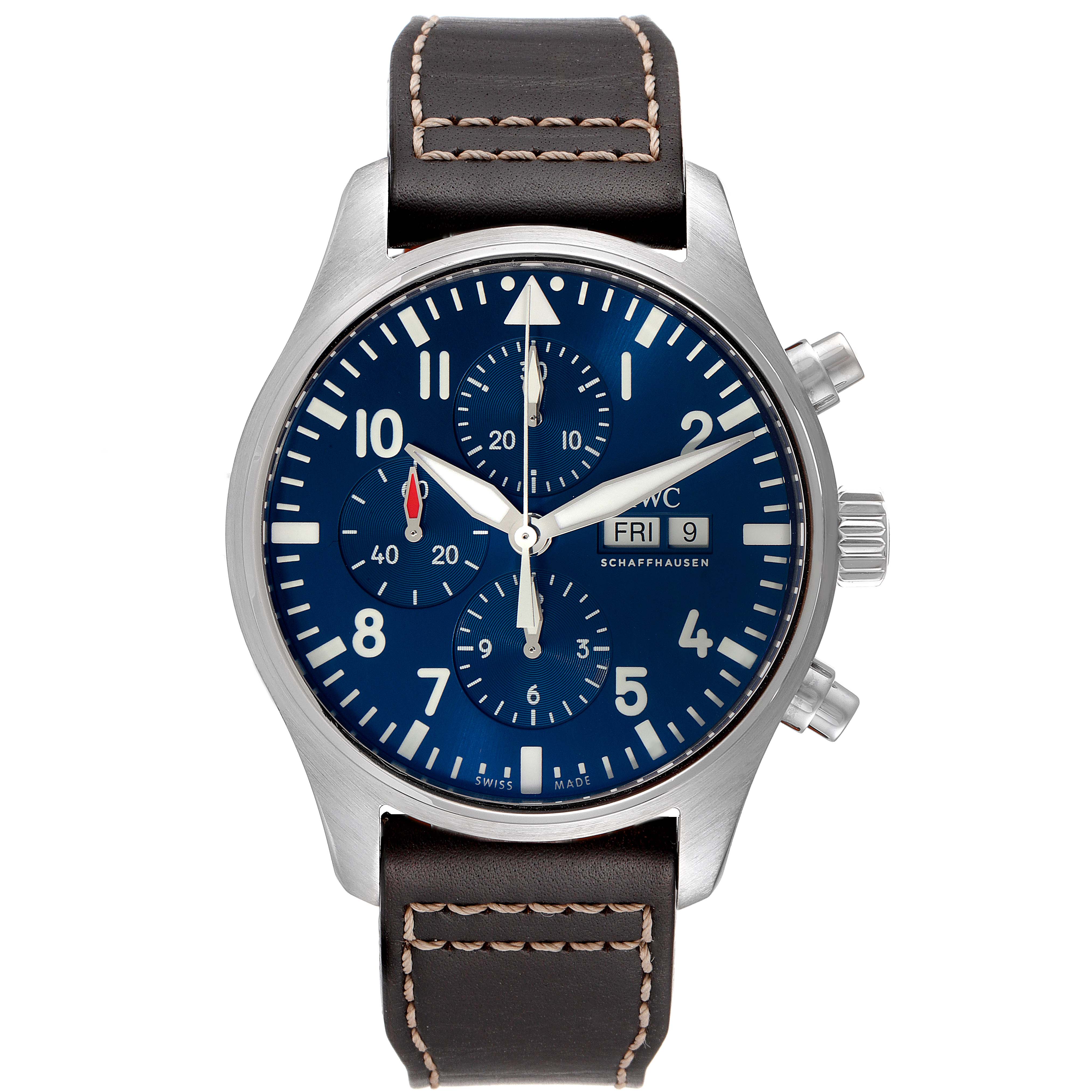 This image displays the IWC Pilot IW377714 Men's Stainless Steel Blue Dial IW377714 Men's Stainless Steel Blue Dial model watch from a direct, front-facing angle, showing the entire face, crown, pushers, and leather strap.