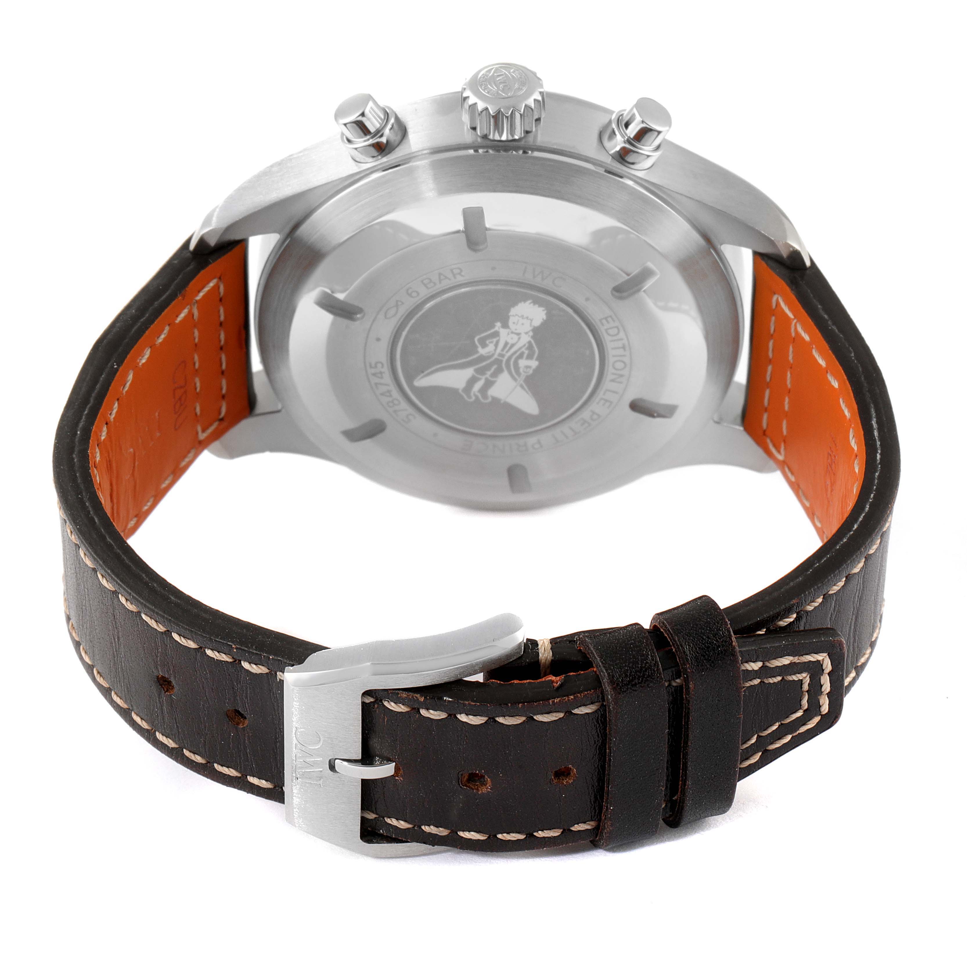 The image shows the back of the IWC Pilot IW377714 Men's Stainless Steel Blue Dial IW377714 Men's Stainless Steel Blue Dial watch, highlighting the leather strap, clasp, and case back.