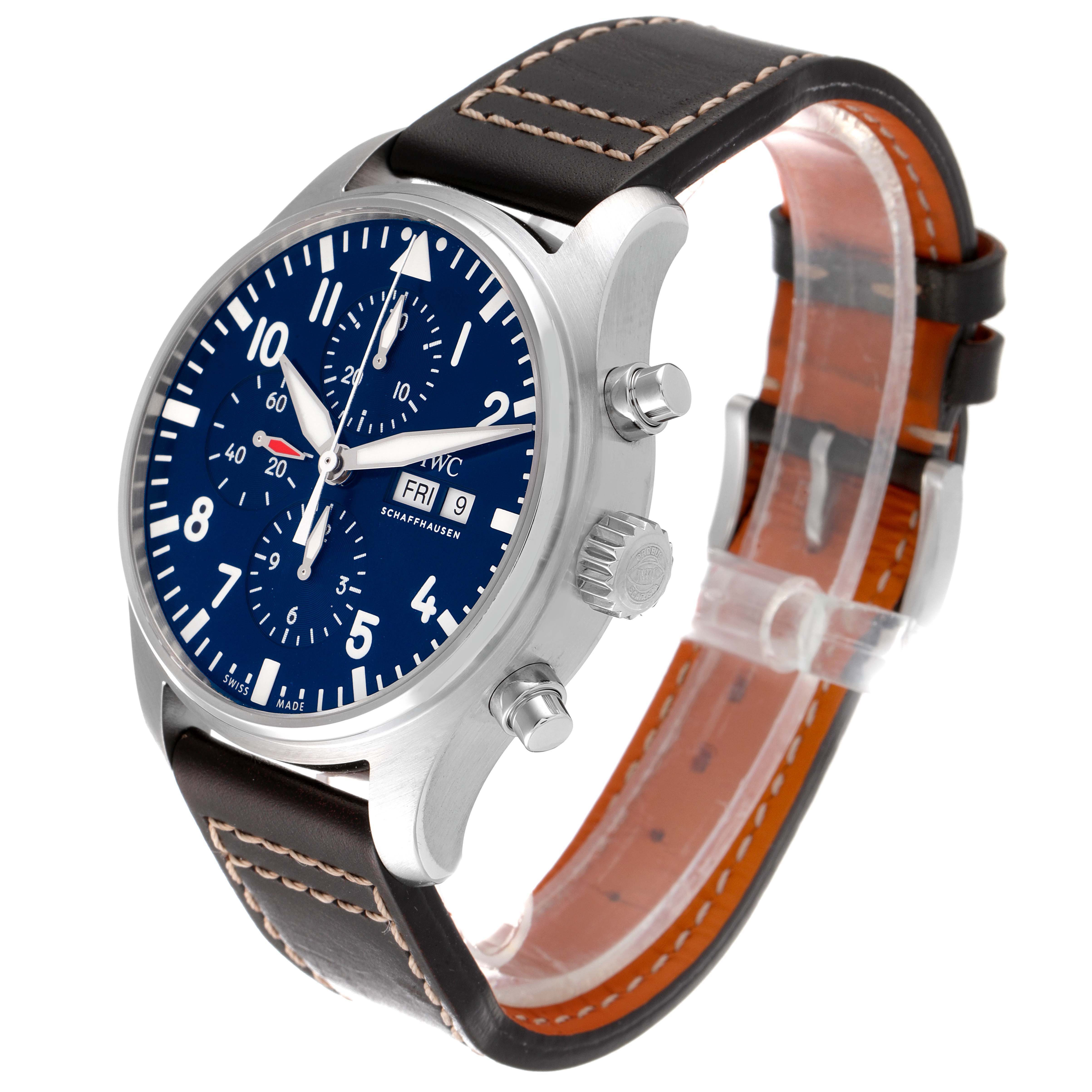 The IWC Pilot IW377714 Men's Stainless Steel Blue Dial IW377714 Men's Stainless Steel Blue Dial model watch is shown at a three-quarter angle highlighting its face, bezel, crown, pushers, and leather strap.