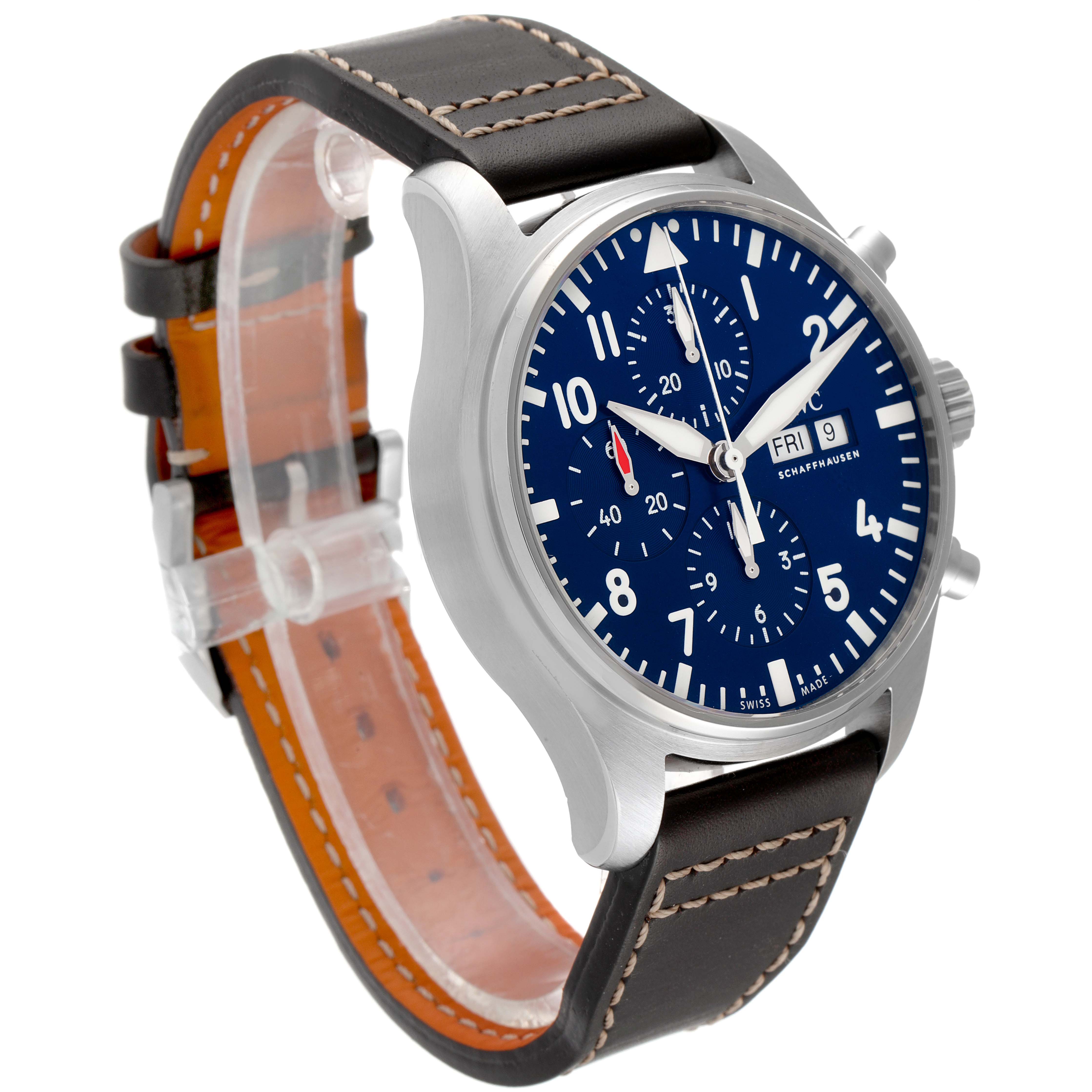 This image shows an angled view of the IWC Pilot IW377714 Men's Stainless Steel Blue Dial IW377714 Men's Stainless Steel Blue Dial watch, featuring its blue dial, chronograph, and brown leather strap.