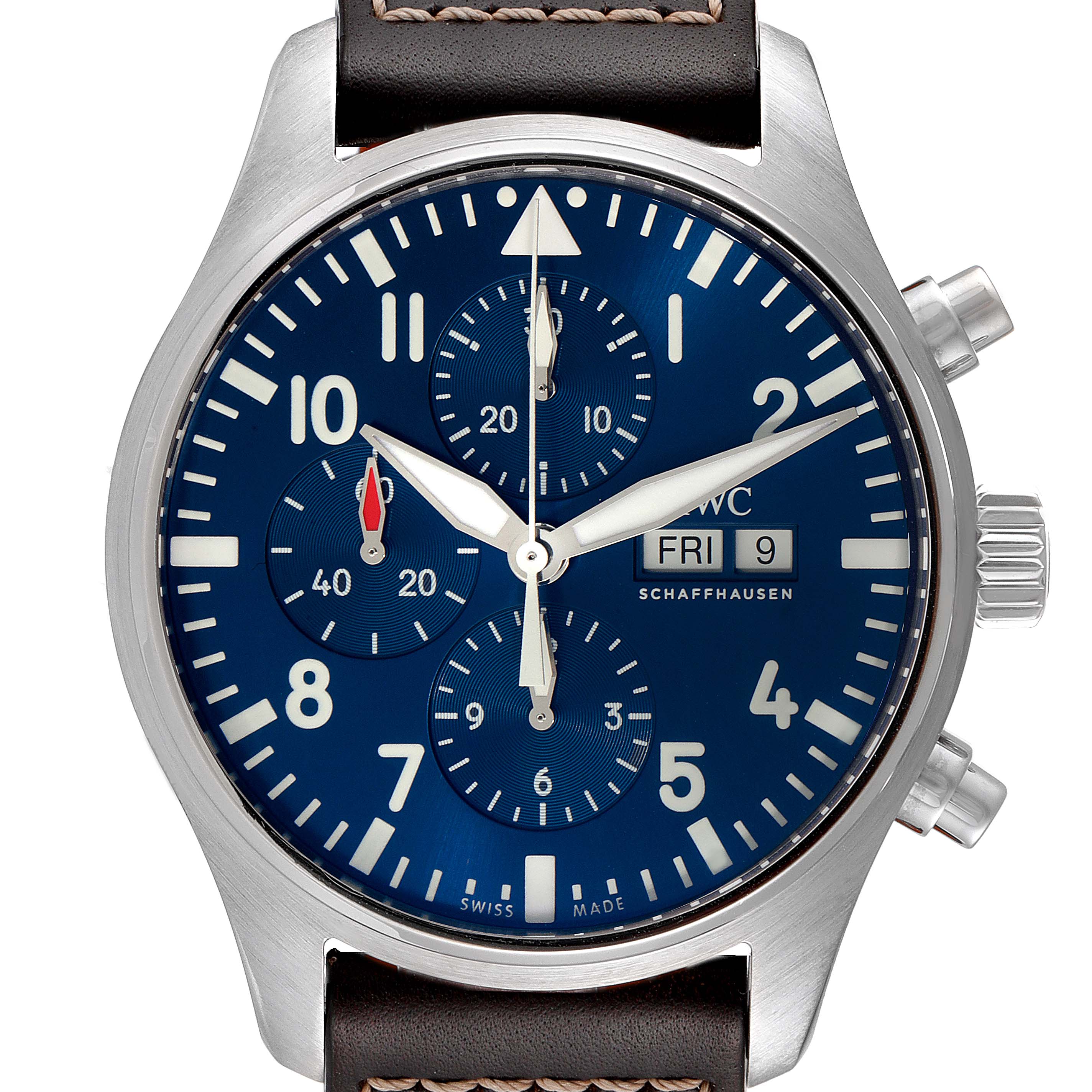 The image is of an IWC Pilot IW377714 Men's Stainless Steel Blue Dial IW377714 Men's Stainless Steel Blue Dial watch showing the face, bezel, crown, pushers, and strap from the front angle.