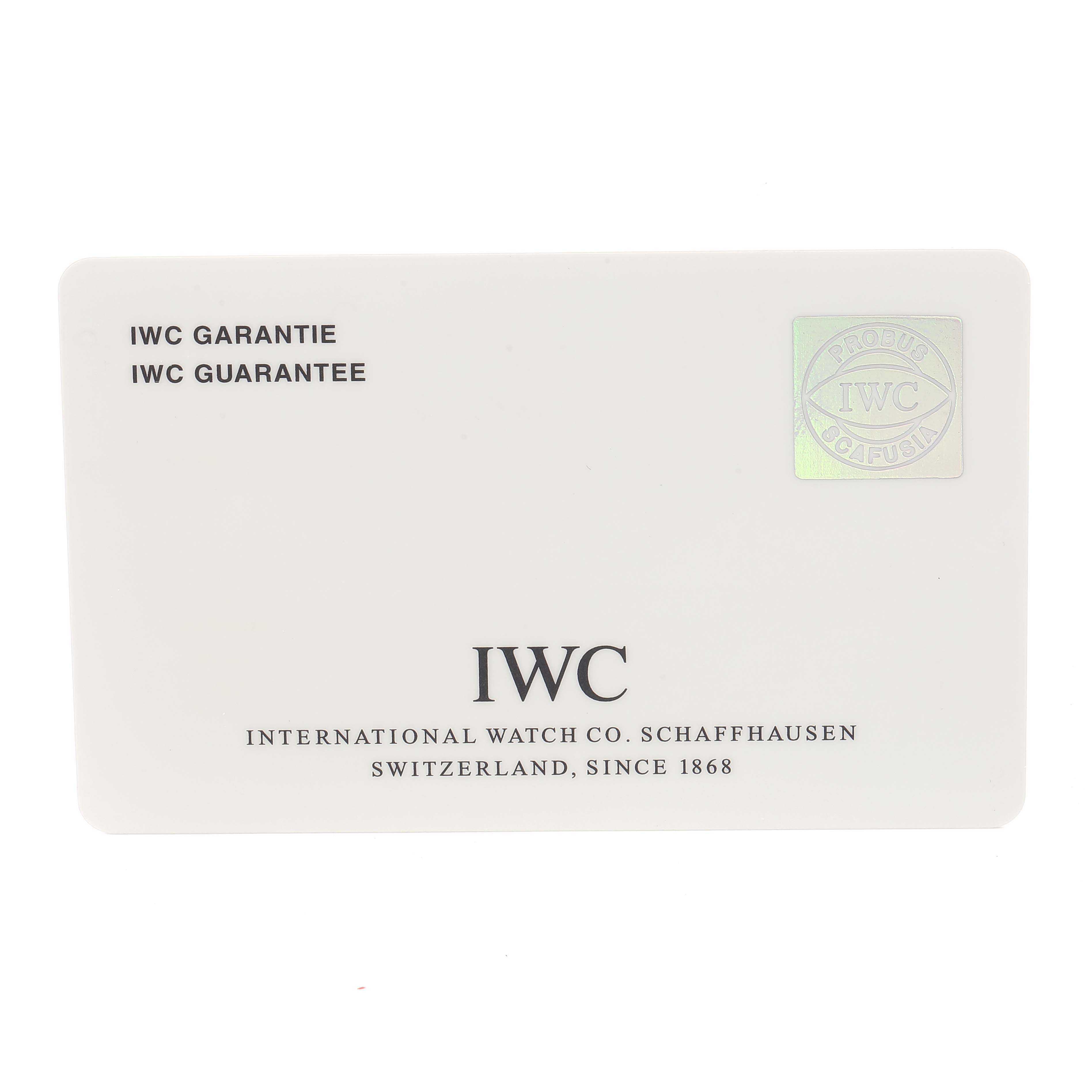 This image shows the guarantee card for the IWC Portofino IW378302  Men's Stainless Steel Silver Dial IW378302  Men's Stainless Steel Silver Dial model by IWC Schaffhausen.