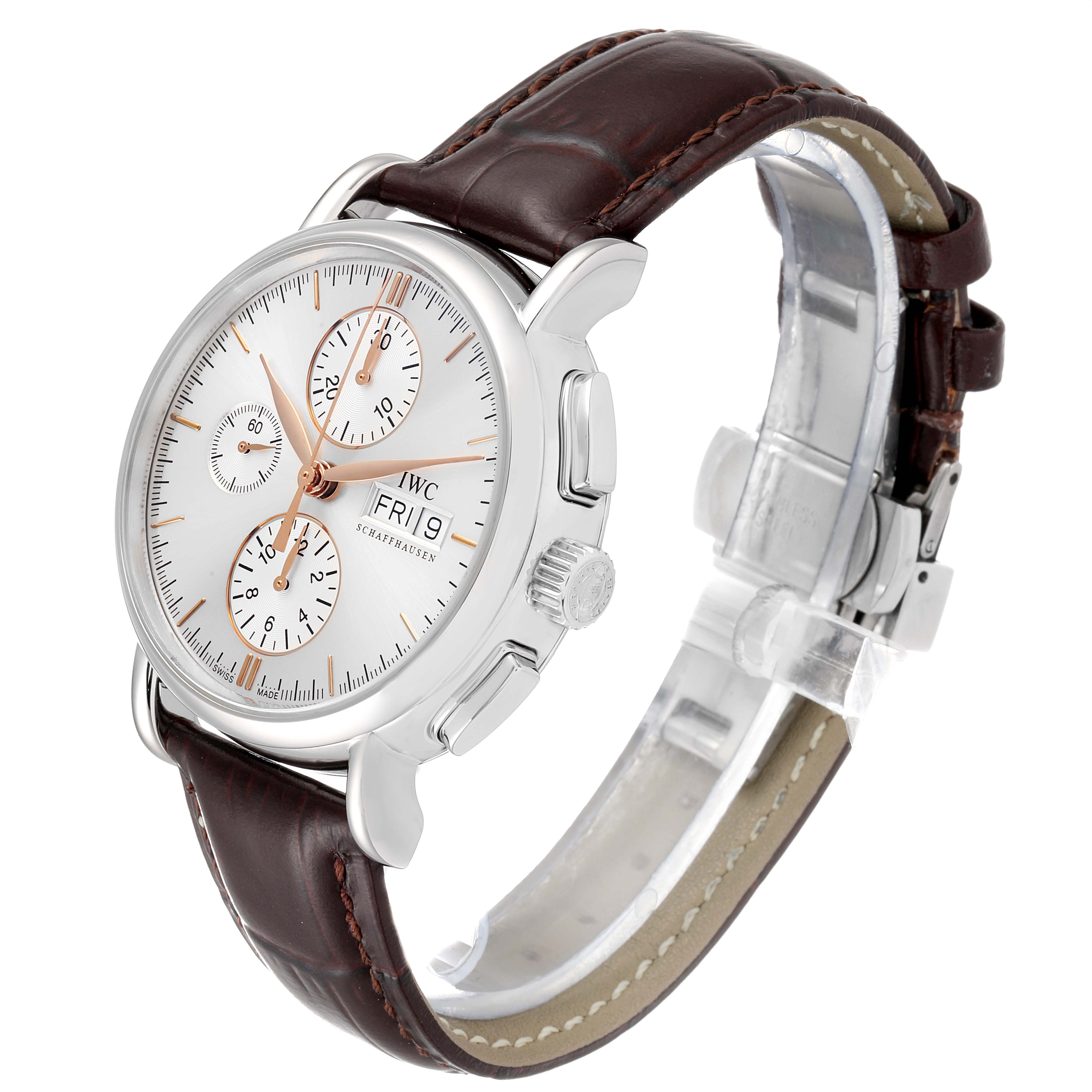 The IWC Portofino IW378302  Men's Stainless Steel Silver Dial IW378302  Men's Stainless Steel Silver Dial watch is shown at a side angle, displaying the face, crown, and brown leather strap.