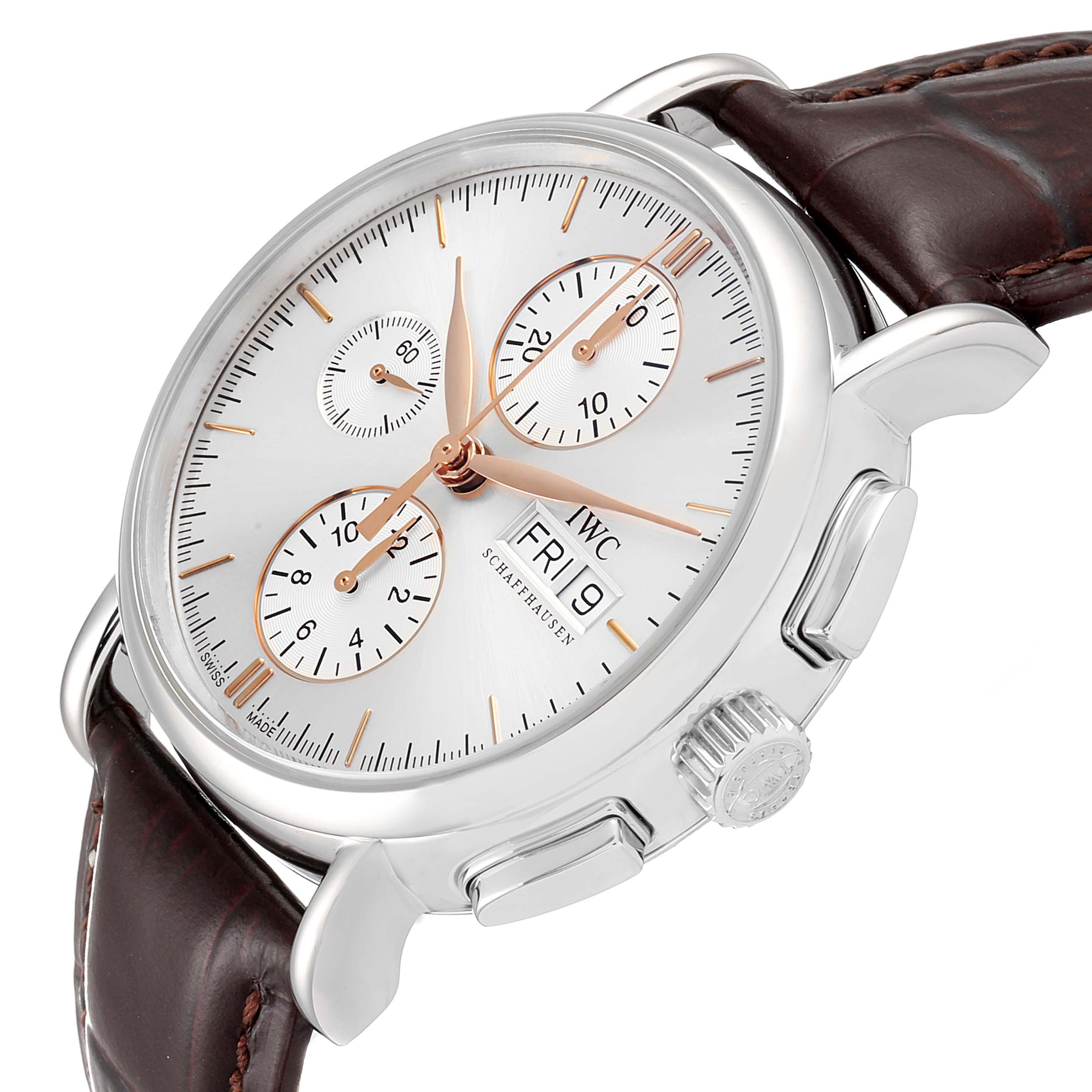 The IWC Portofino IW378302  Men's Stainless Steel Silver Dial IW378302  Men's Stainless Steel Silver Dial watch is shown at an angled view, displaying the face, subdials, crown, pushers, and part of the leather strap.