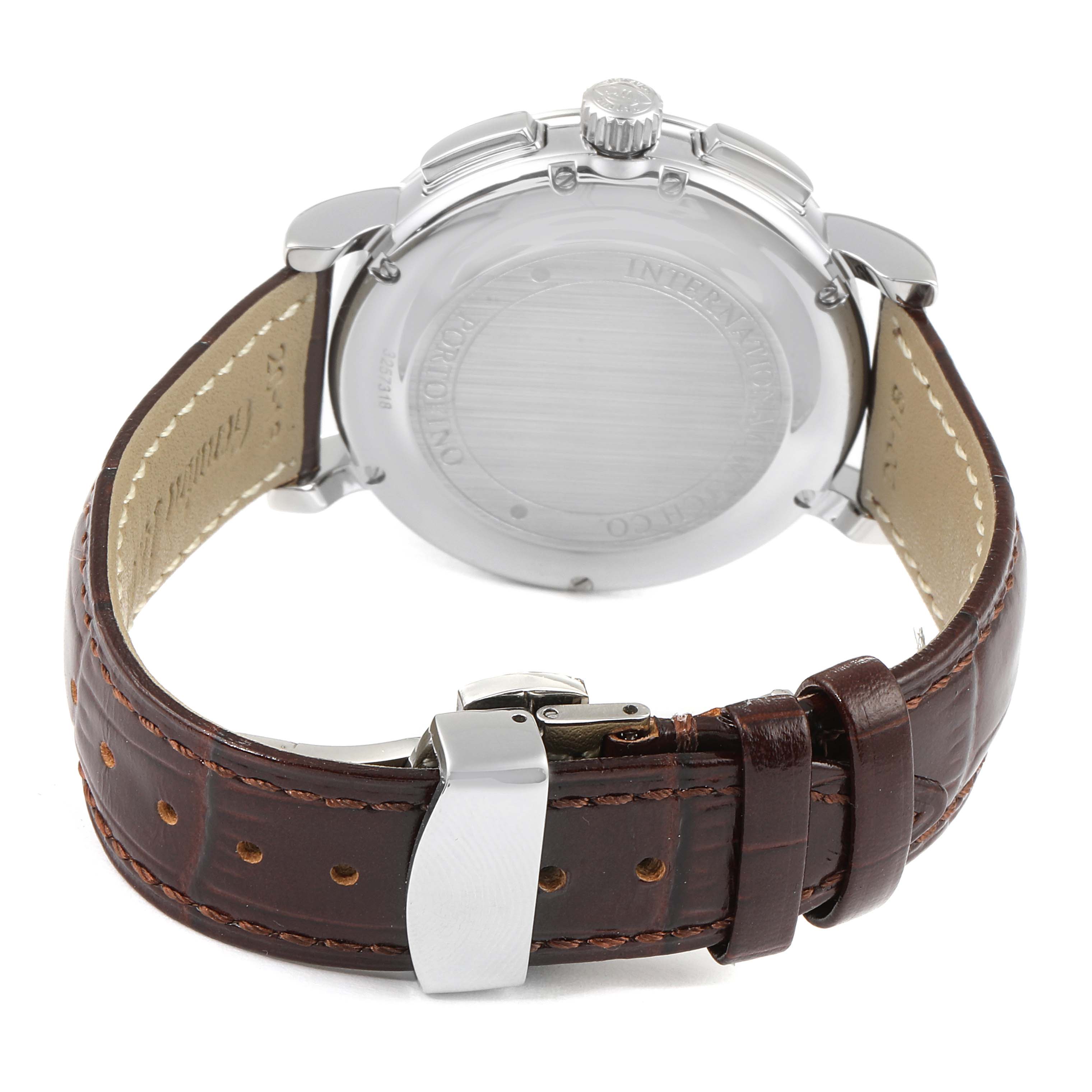 The image shows the back case, crown, and brown leather strap of an IWC Portofino IW378302  Men's Stainless Steel Silver Dial IW378302  Men's Stainless Steel Silver Dial watch at a rear angle.