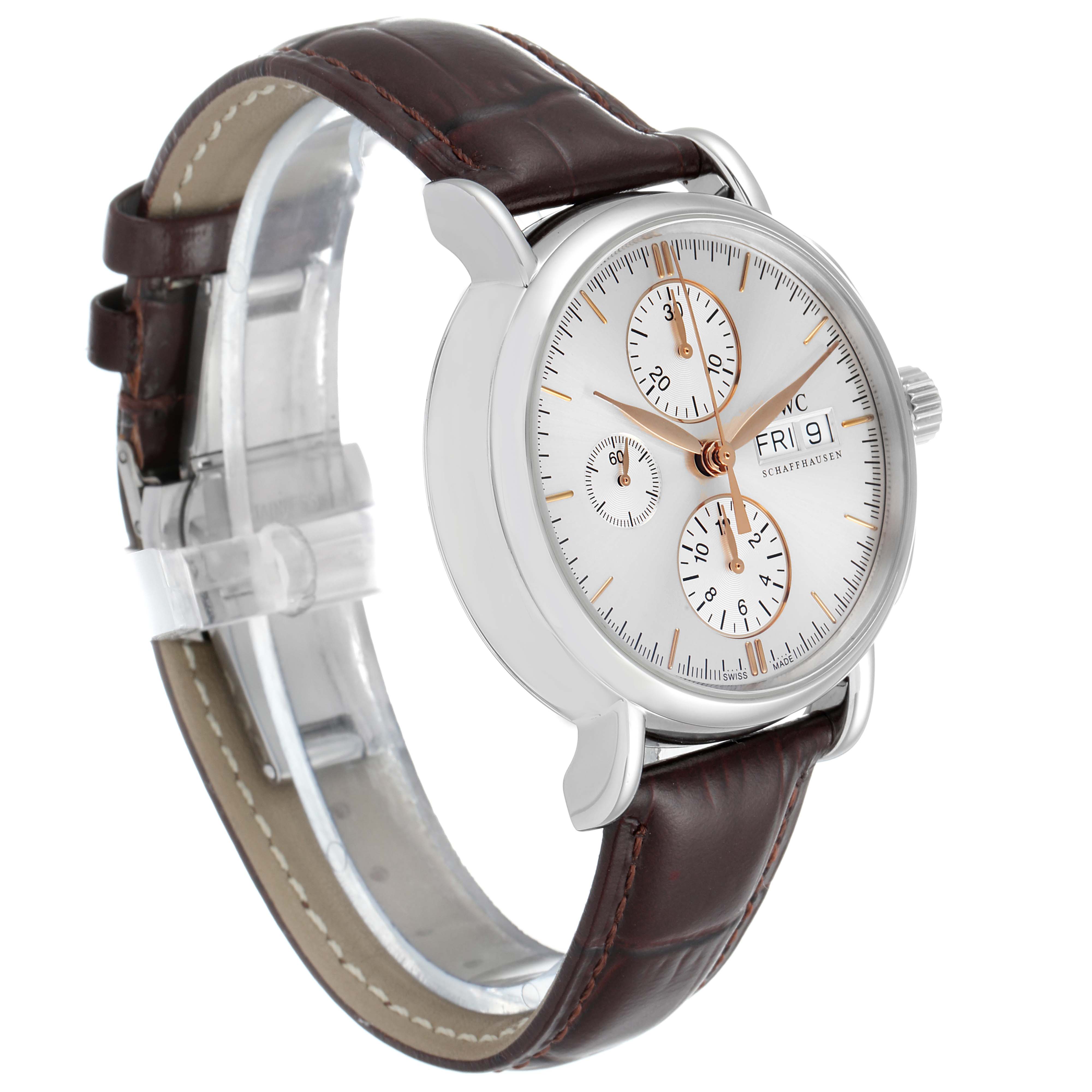 The IWC Portofino IW378302  Men's Stainless Steel Silver Dial IW378302  Men's Stainless Steel Silver Dial watch is shown at a three-quarter angle, highlighting the dial, case, and brown leather strap.