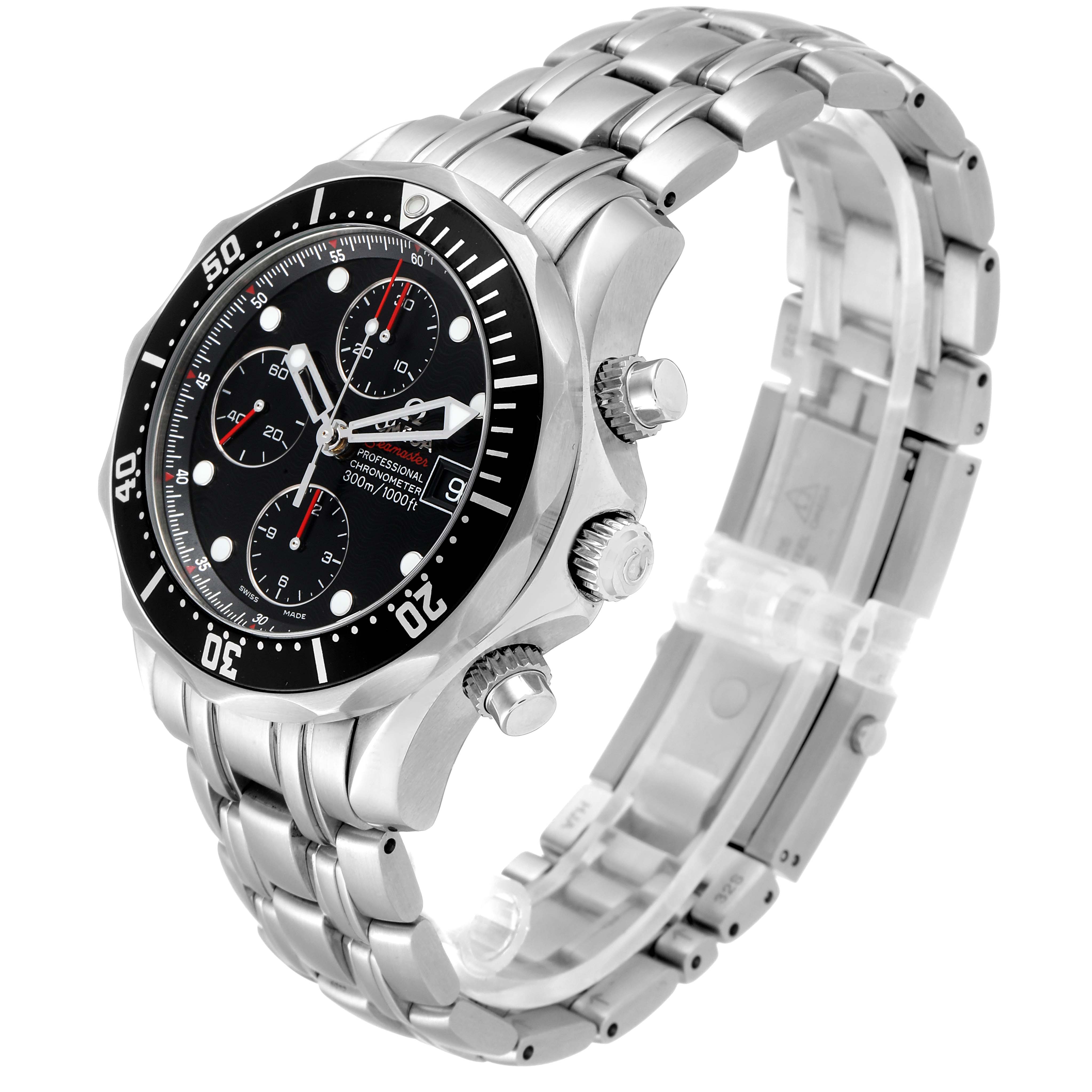 The image shows an angled view of the Omega Seamaster 213.30.42.40.01.001 Men's Stainless Steel Black Dial 213.30.42.40.01.001 Men's Stainless Steel Black Dial watch, highlighting its face, bezel, crown, pushers, and stainless steel bracelet.