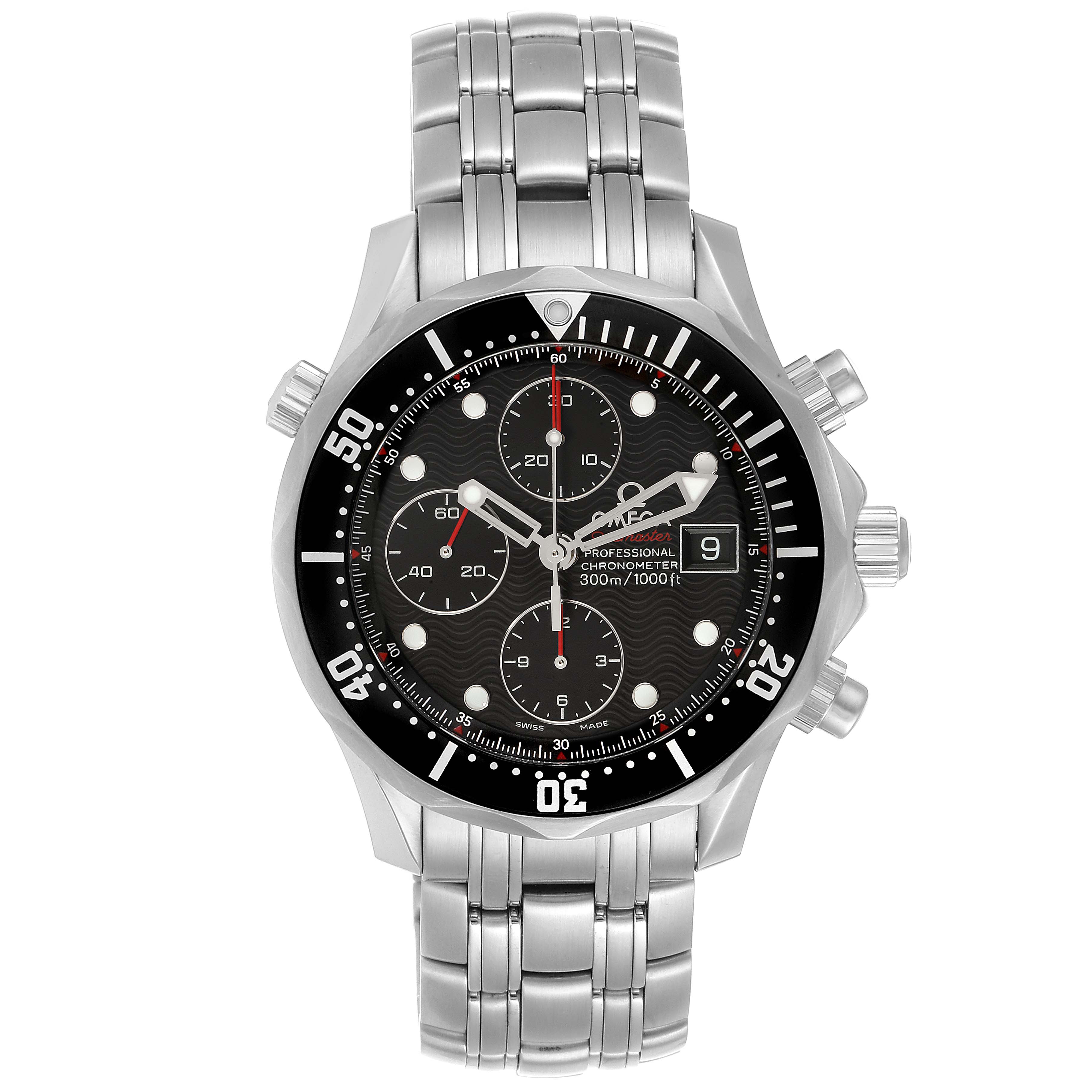 The Omega Seamaster 213.30.42.40.01.001 Men's Stainless Steel Black Dial 213.30.42.40.01.001 Men's Stainless Steel Black Dial watch is shown from a top-down angle, displaying its face, bezel, bracelet, and pushers.