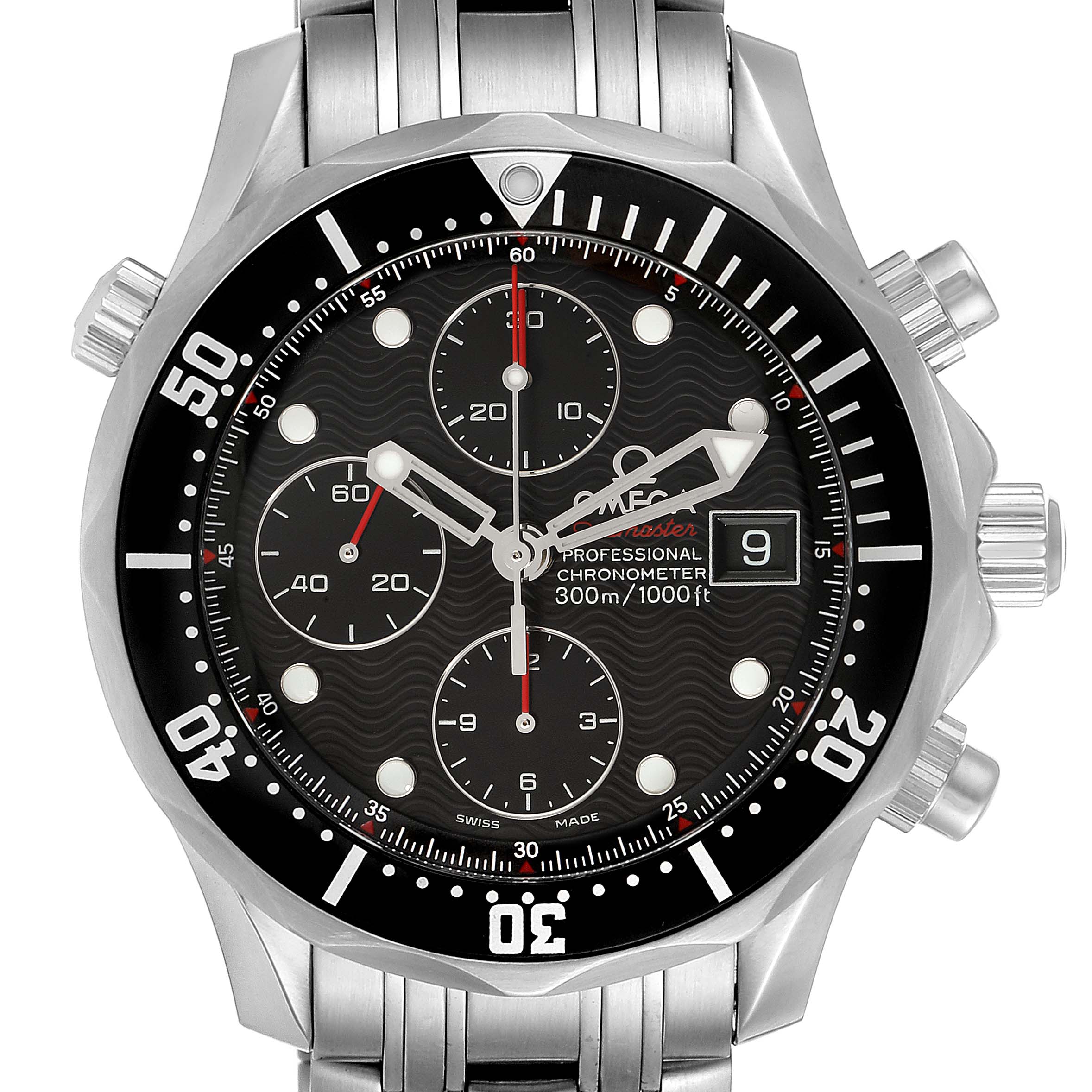 This image shows a front view of an Omega Seamaster 213.30.42.40.01.001 Men's Stainless Steel Black Dial 213.30.42.40.01.001 Men's Stainless Steel Black Dial wristwatch, highlighting its chronograph dials, bezel, and date display.