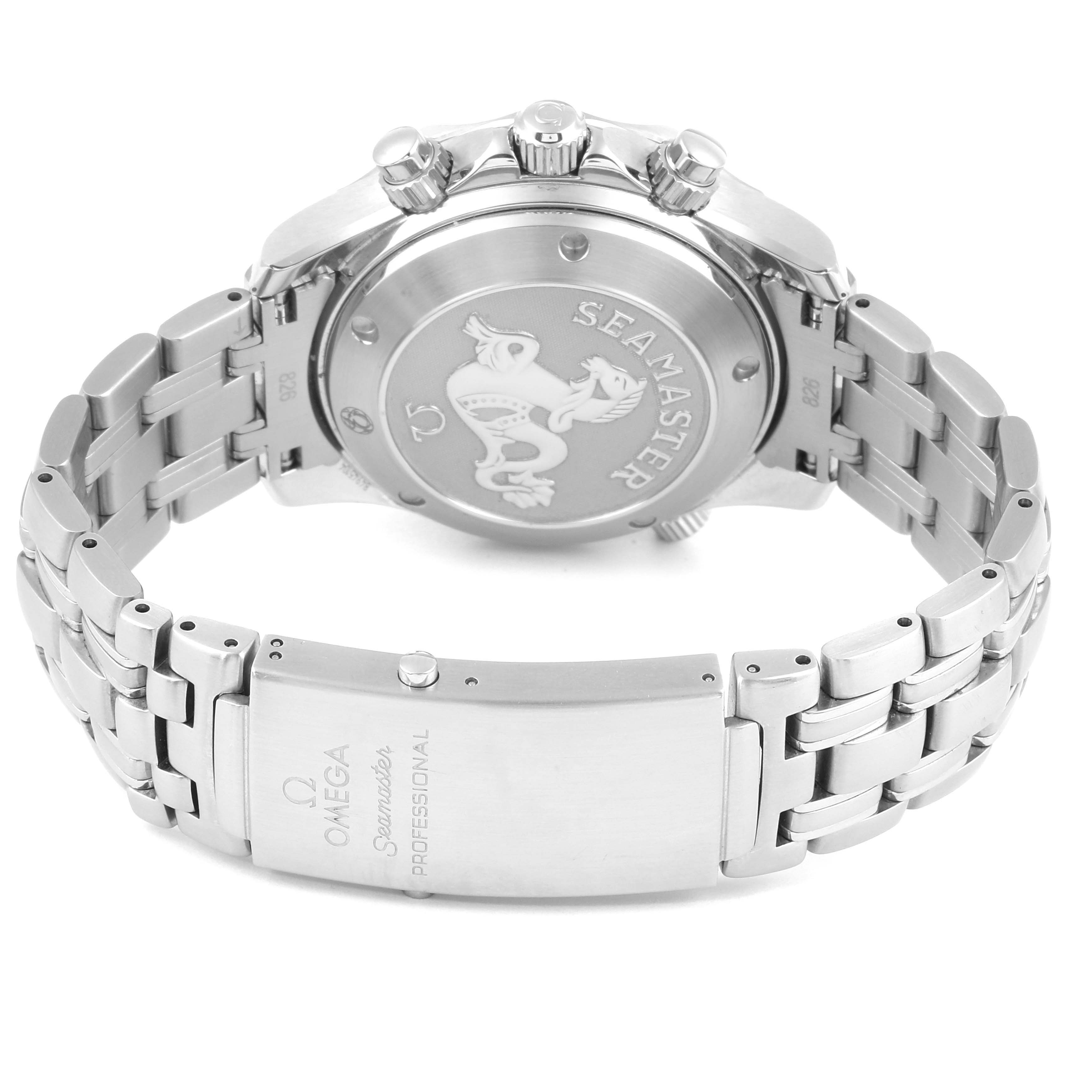 This image shows the back view of an Omega Seamaster 213.30.42.40.01.001 Men's Stainless Steel Black Dial 213.30.42.40.01.001 Men's Stainless Steel Black Dial watch, highlighting the case back, bracelet, and clasp.