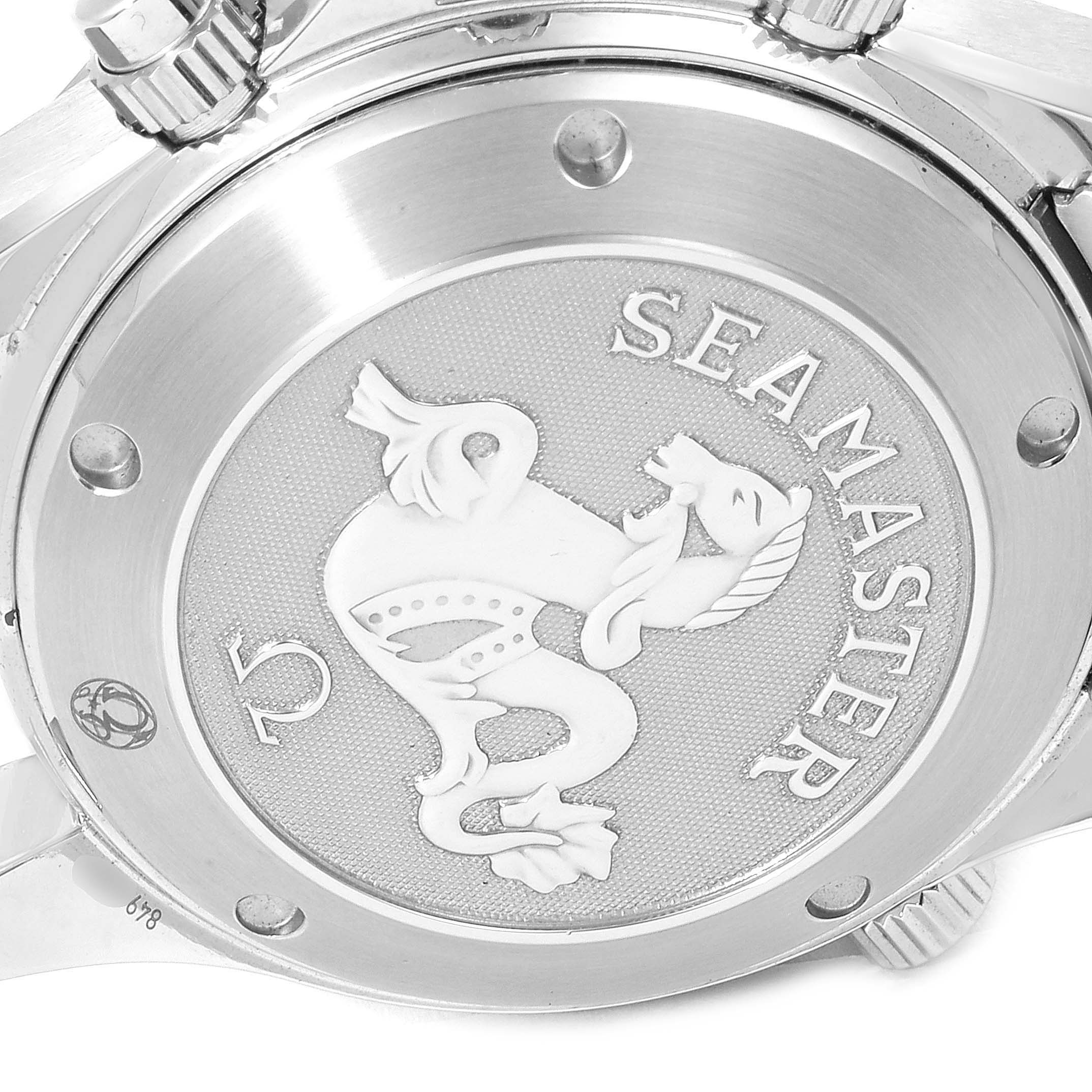 The image shows the back case of an Omega Seamaster 213.30.42.40.01.001 Men's Stainless Steel Black Dial 213.30.42.40.01.001 Men's Stainless Steel Black Dial watch, featuring the Seamaster logo and engraving.