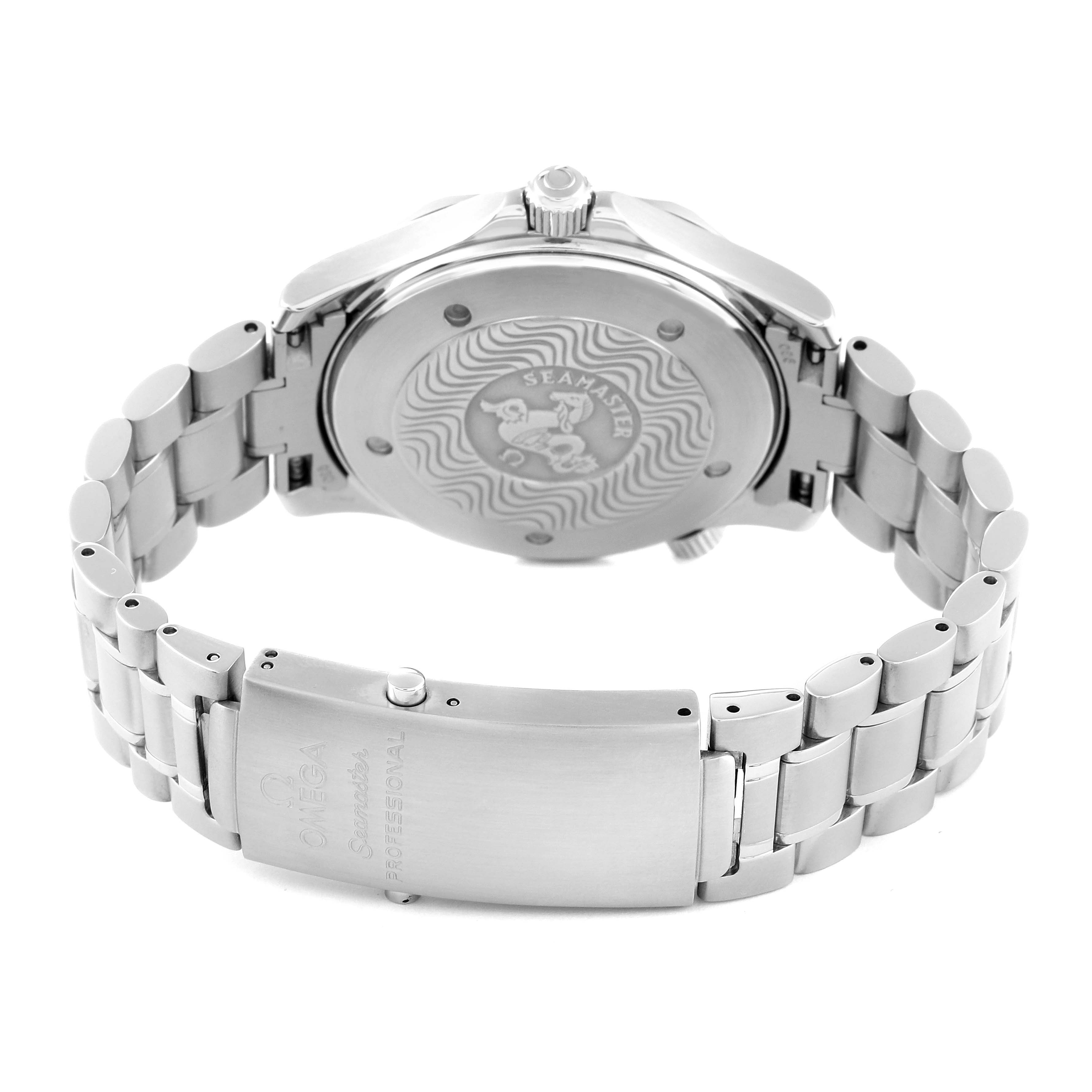 The image shows the rear and side view of an Omega Seamaster 2255.80.00 Men
s Stainless Steel Blue Dial 2255.80.00 Men
s Stainless Steel Blue Dial watch, displaying the closed case back and part of the bracelet.