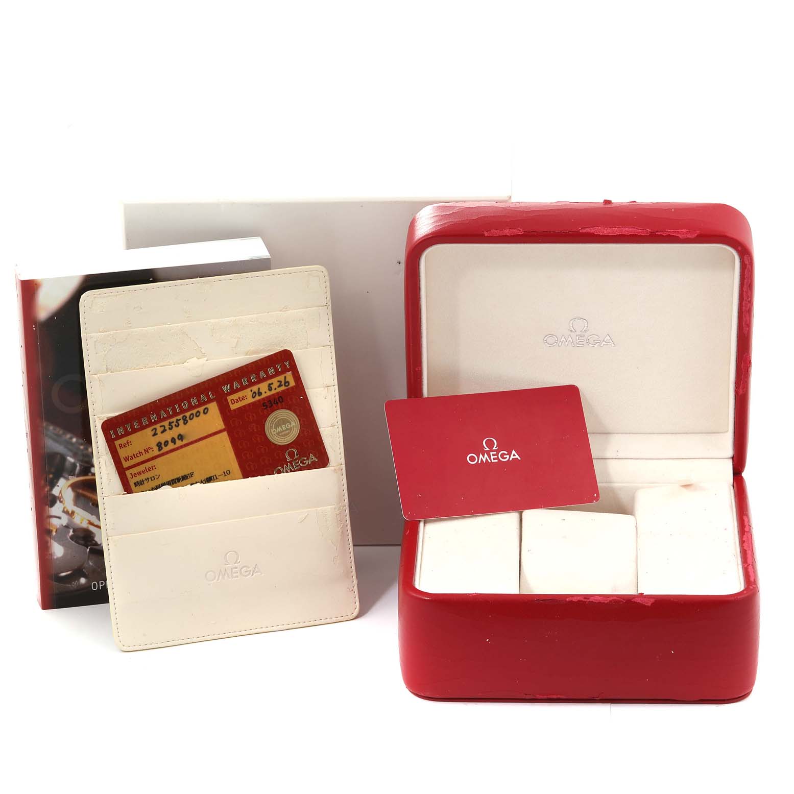 The image shows Omega Seamaster 2255.80.00 Men
s Stainless Steel Blue Dial 2255.80.00 Men
s Stainless Steel Blue Dial packaging including a red watch box, international warranty card, and a booklet.