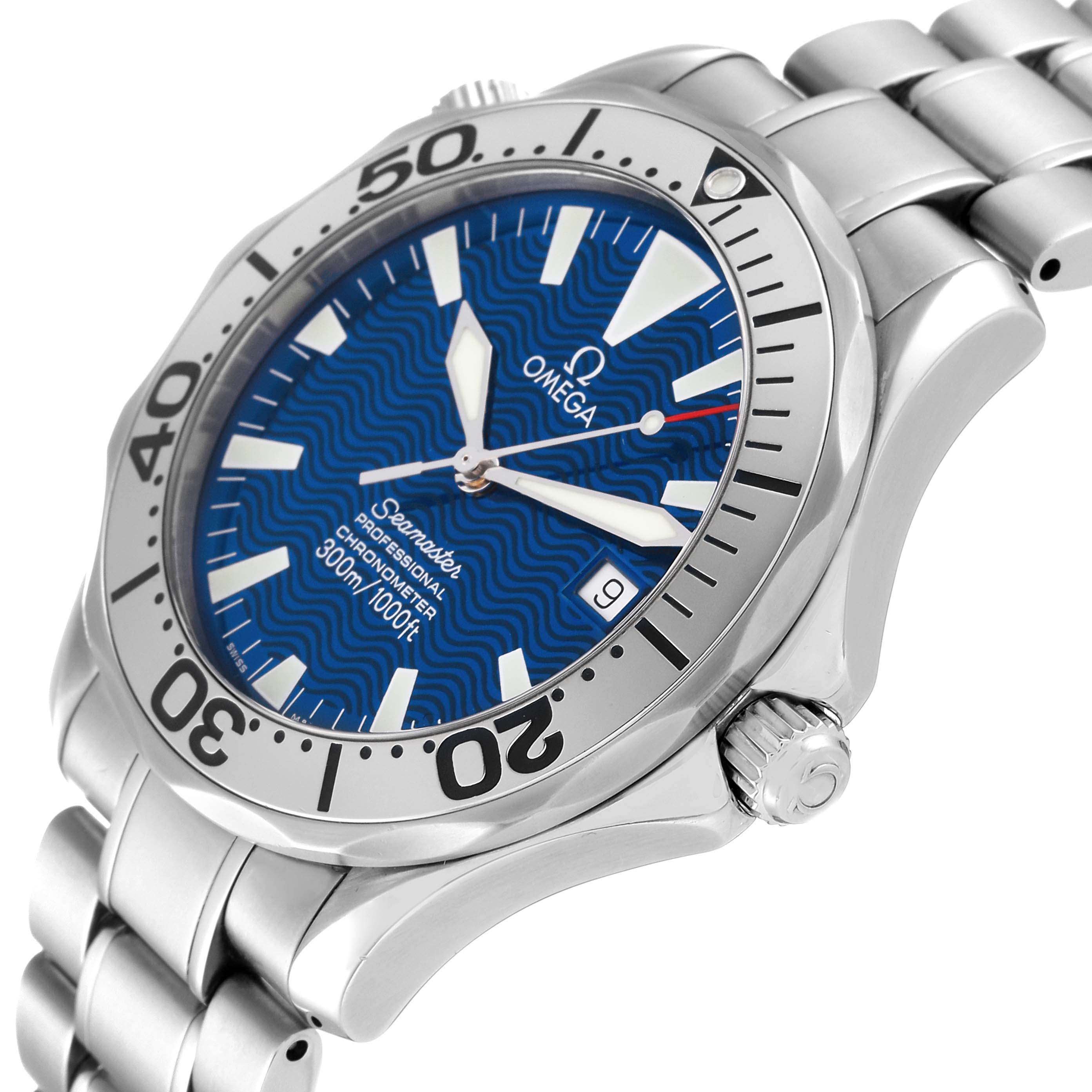 The Omega Seamaster 2255.80.00 Men
s Stainless Steel Blue Dial 2255.80.00 Men
s Stainless Steel Blue Dial watch is shown at a slight angle, displaying the blue dial, bezel, crown, and part of the bracelet.