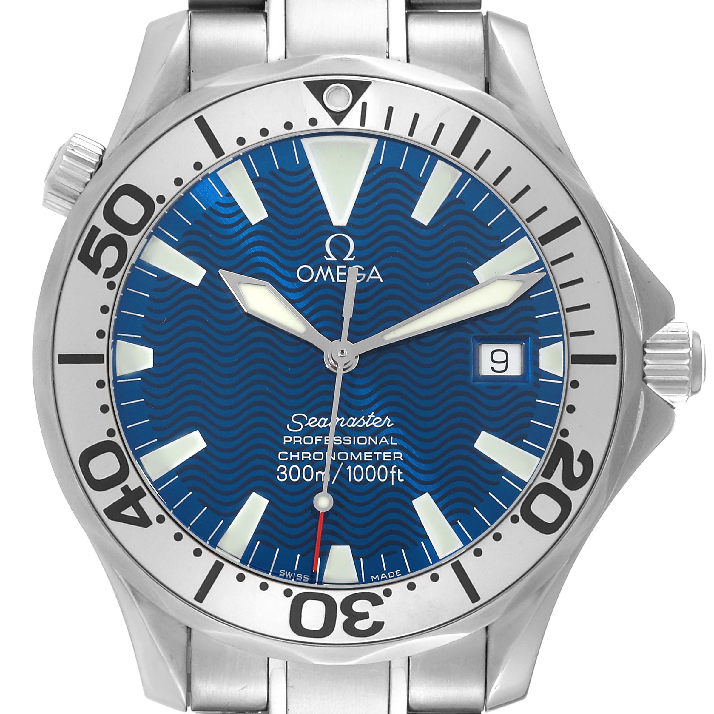 The image shows a front view of an Omega Seamaster 2255.80.00 Men
s Stainless Steel Blue Dial 2255.80.00 Men
s Stainless Steel Blue Dial watch, highlighting the dial, bezel, and bracelet.