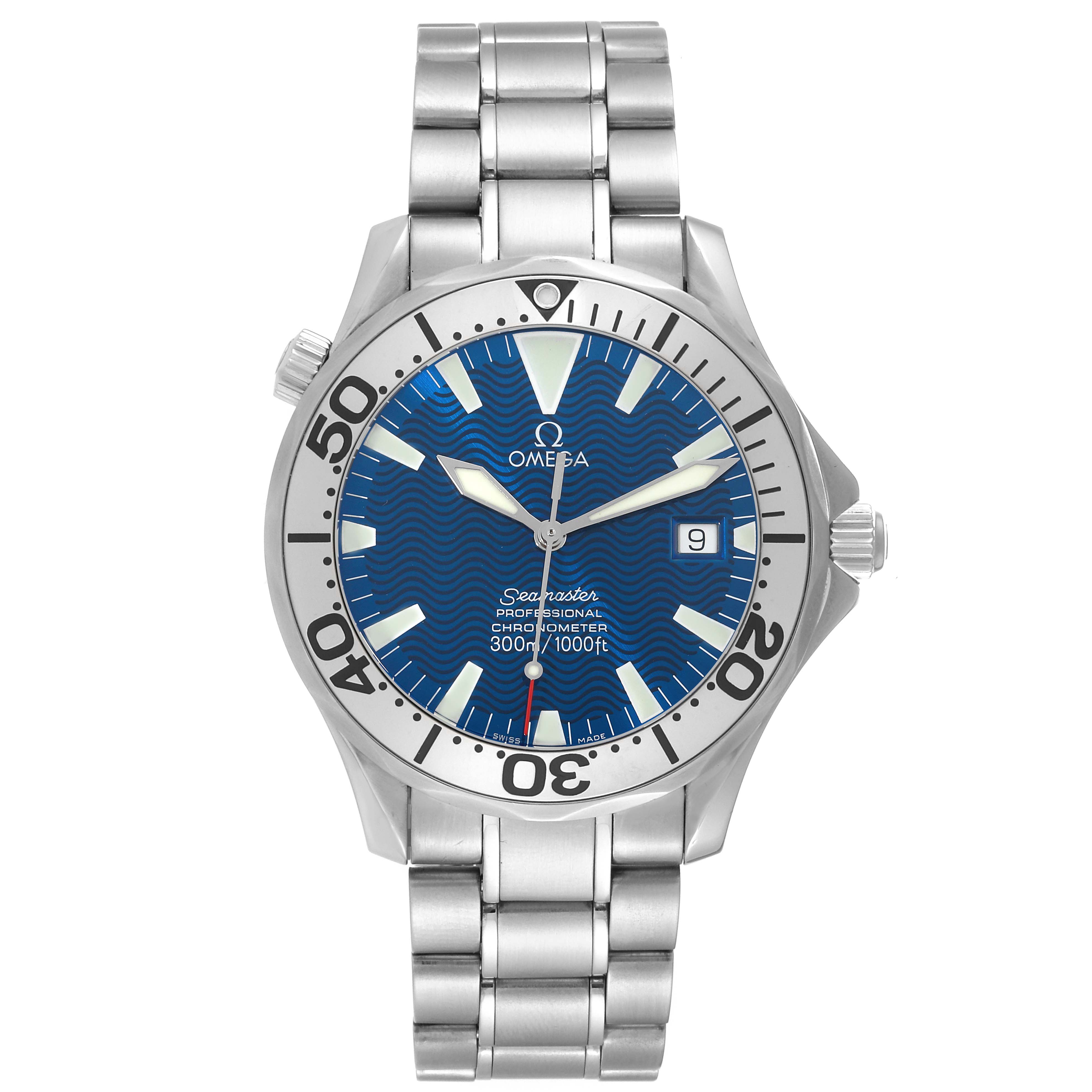 This Omega Seamaster 2255.80.00 Men
s Stainless Steel Blue Dial 2255.80.00 Men
s Stainless Steel Blue Dial watch is shown from the front, displaying the dial, bezel, crown, and metal bracelet.