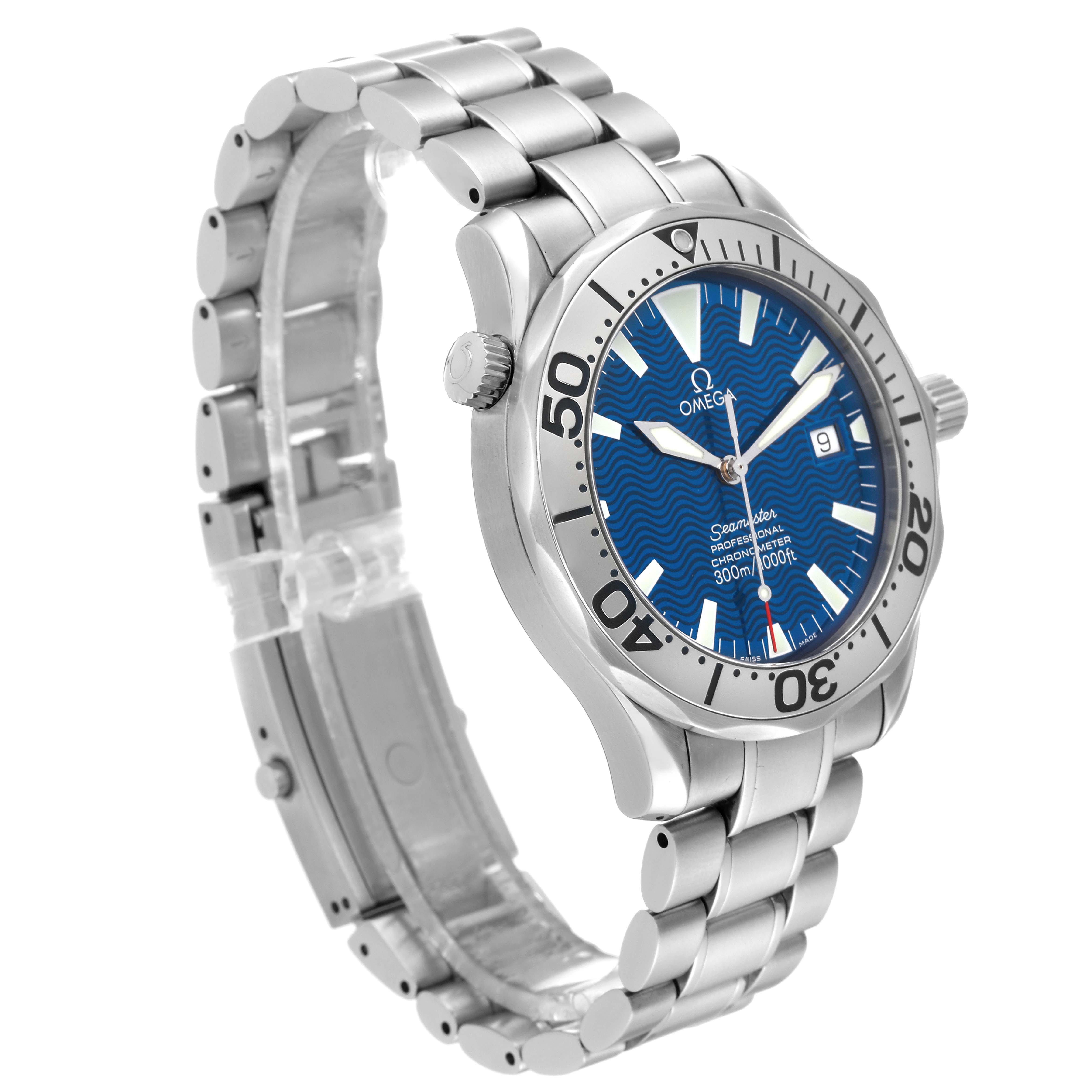 The Omega Seamaster 2255.80.00 Men
s Stainless Steel Blue Dial 2255.80.00 Men
s Stainless Steel Blue Dial watch is shown at a slight angle, highlighting the bracelet, bezel, and blue dial.