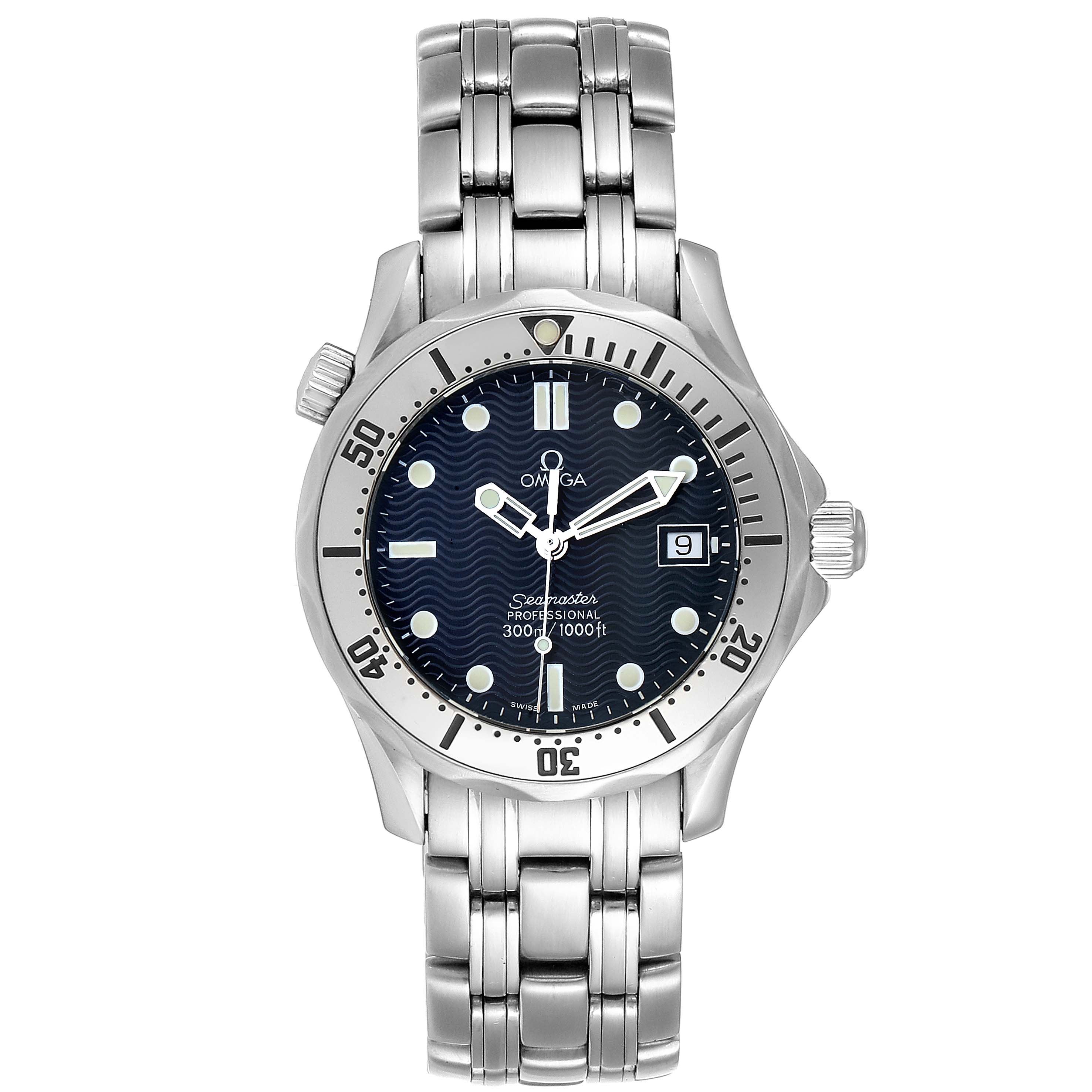 The image shows a front view of the Omega Seamaster 2562.80.00 Men
s Stainless Steel Blue Dial 2562.80.00 Men
s Stainless Steel Blue Dial watch, displaying the dial, bezel, crown, and metal bracelet.