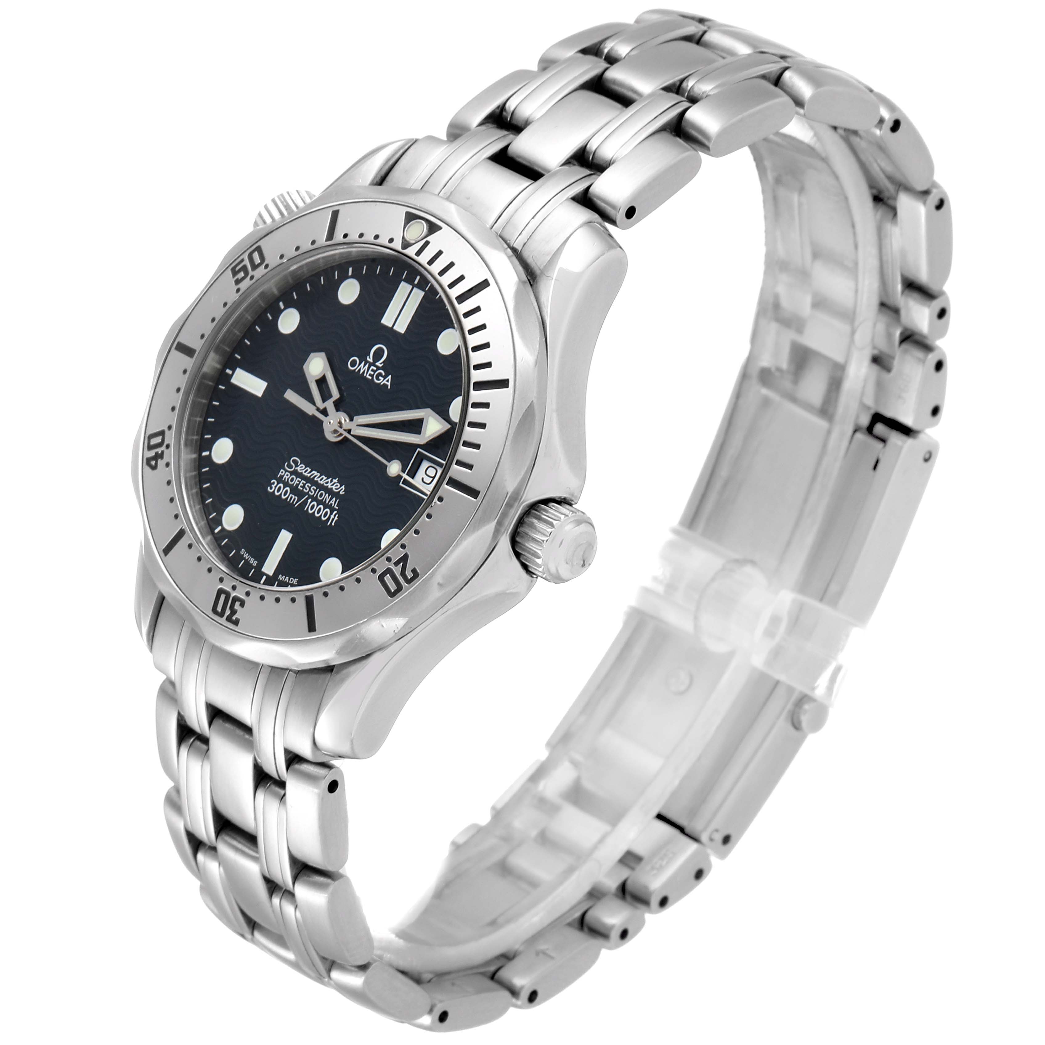 The Omega Seamaster 2562.80.00 Men
s Stainless Steel Blue Dial 2562.80.00 Men
s Stainless Steel Blue Dial watch is displayed at a three-quarter angle, showing its face, bezel, crown, and metal bracelet.