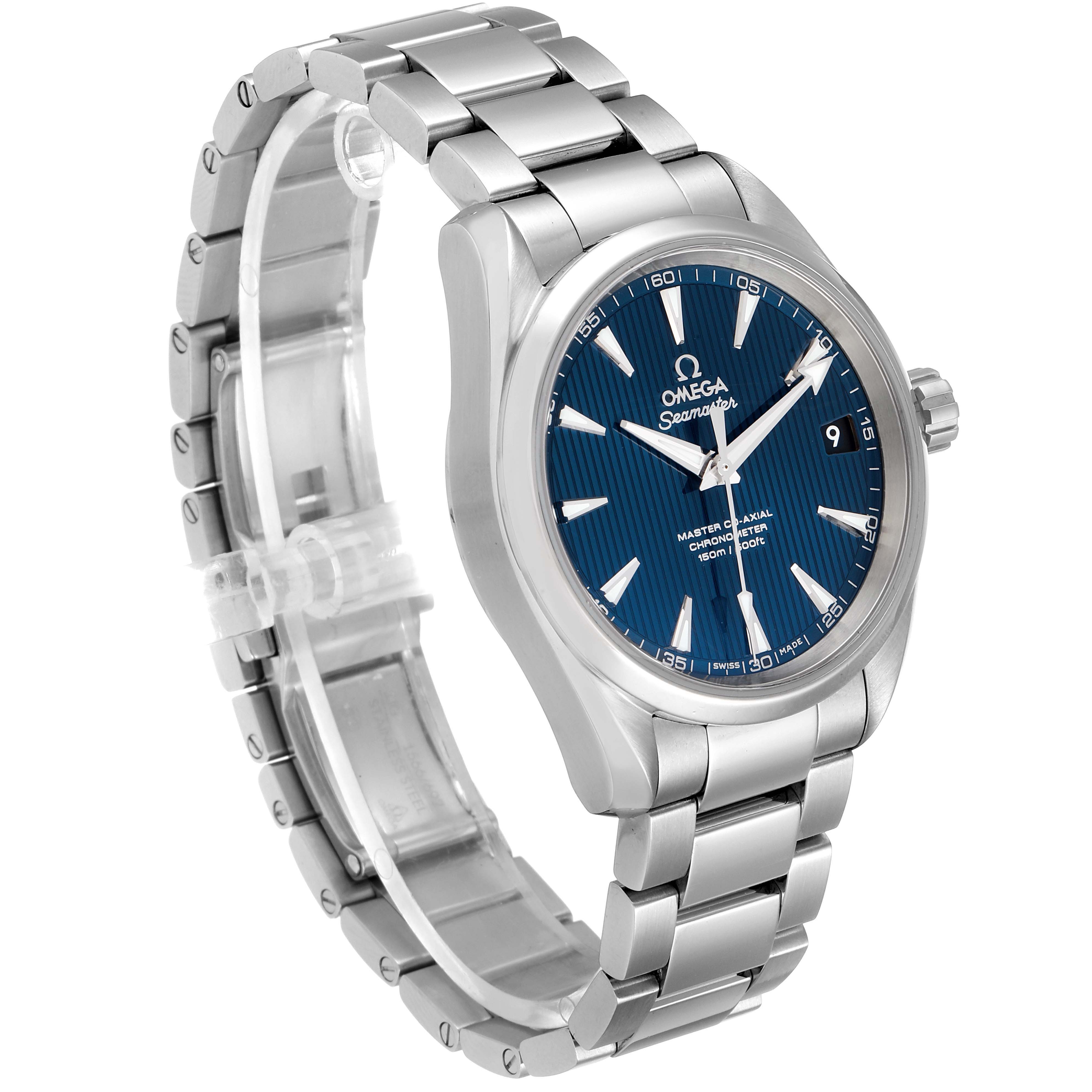 Displayed at a slight angle, the Omega Aqua Terra 231.10.39.21.03.002 Men
s Stainless Steel Blue Dial 231.10.39.21.03.002 Men
s Stainless Steel Blue Dial watch shows the face, bezel, casing, and metal bracelet.
