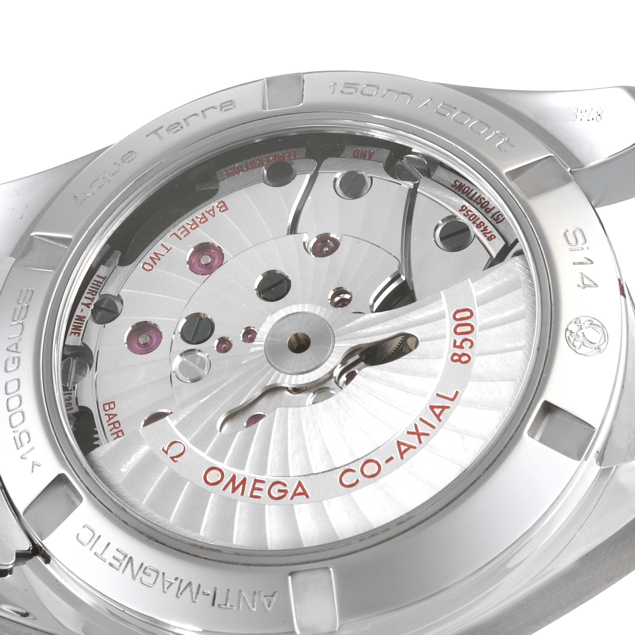 The image shows the back view of the Omega Aqua Terra 231.10.39.21.03.002 Men
s Stainless Steel Blue Dial 231.10.39.21.03.002 Men
s Stainless Steel Blue Dial watch, highlighting the Co-Axial 8500 movement.