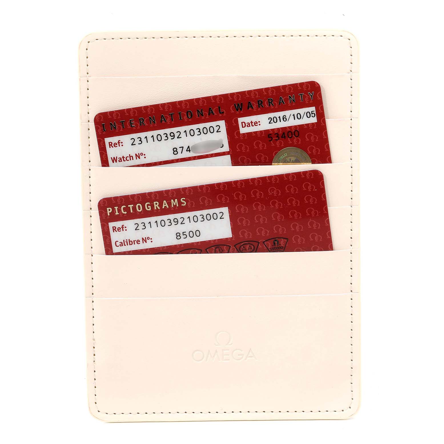 This image shows warranty and pictogram cards in a holder for the Omega Aqua Terra 231.10.39.21.03.002 Men
s Stainless Steel Blue Dial 231.10.39.21.03.002 Men
s Stainless Steel Blue Dial watch model.