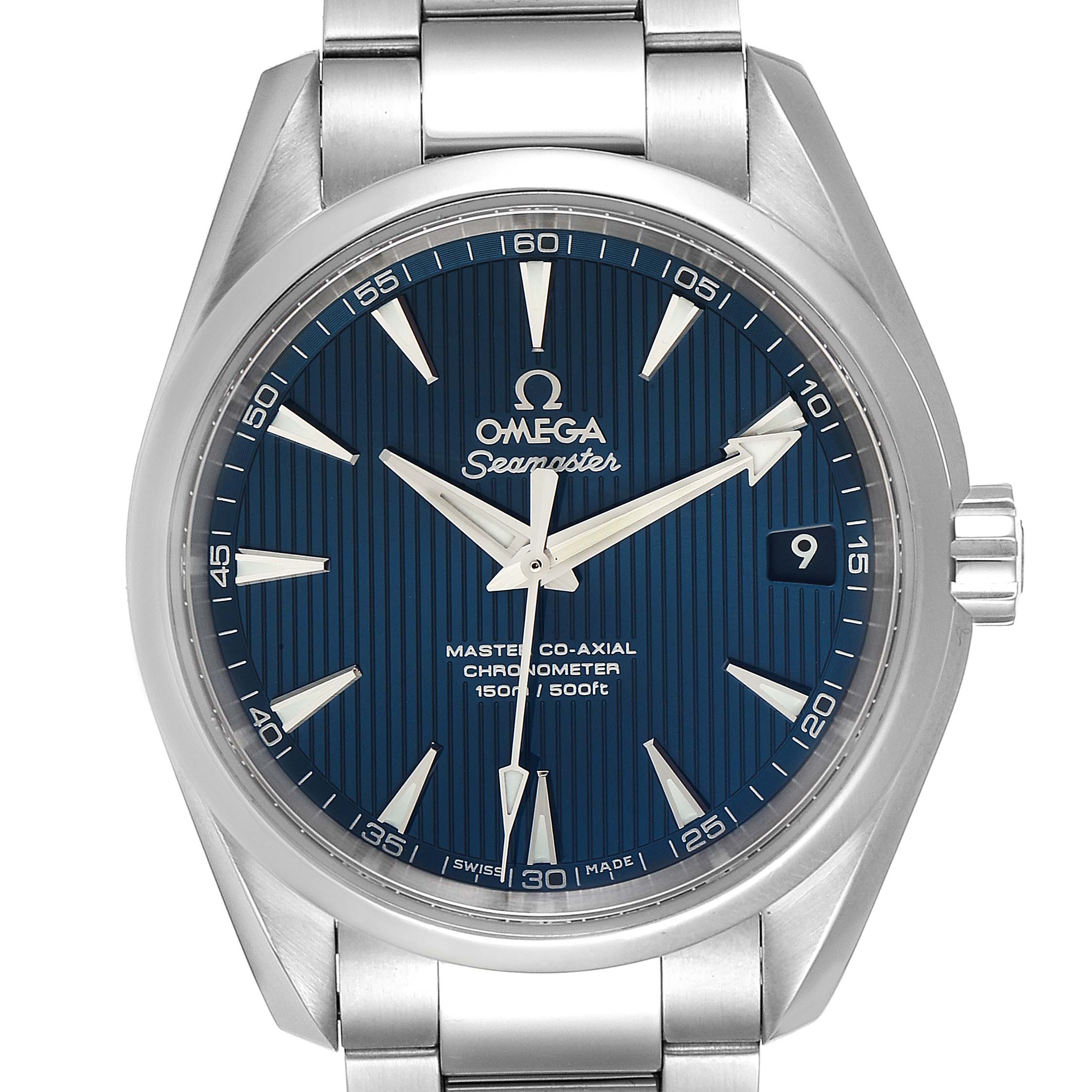 This is a front-facing view of an Omega Aqua Terra 231.10.39.21.03.002 Men
s Stainless Steel Blue Dial 231.10.39.21.03.002 Men
s Stainless Steel Blue Dial watch showing the dial, hands, markers, bezel, and part of the bracelet.