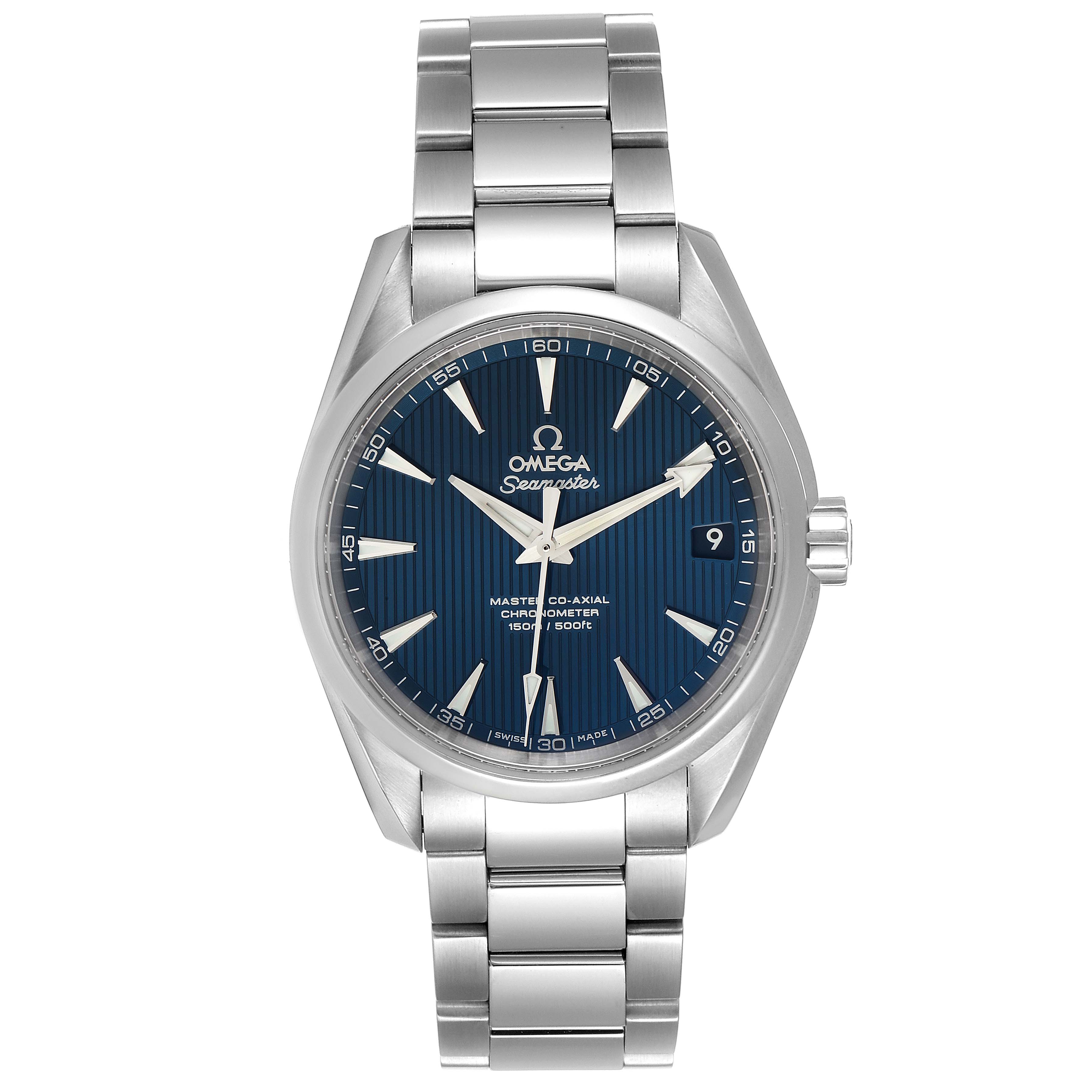 The image shows a front view of the Omega Aqua Terra 231.10.39.21.03.002 Men
s Stainless Steel Blue Dial 231.10.39.21.03.002 Men
s Stainless Steel Blue Dial watch, highlighting its blue dial, date window, and stainless steel bracelet.