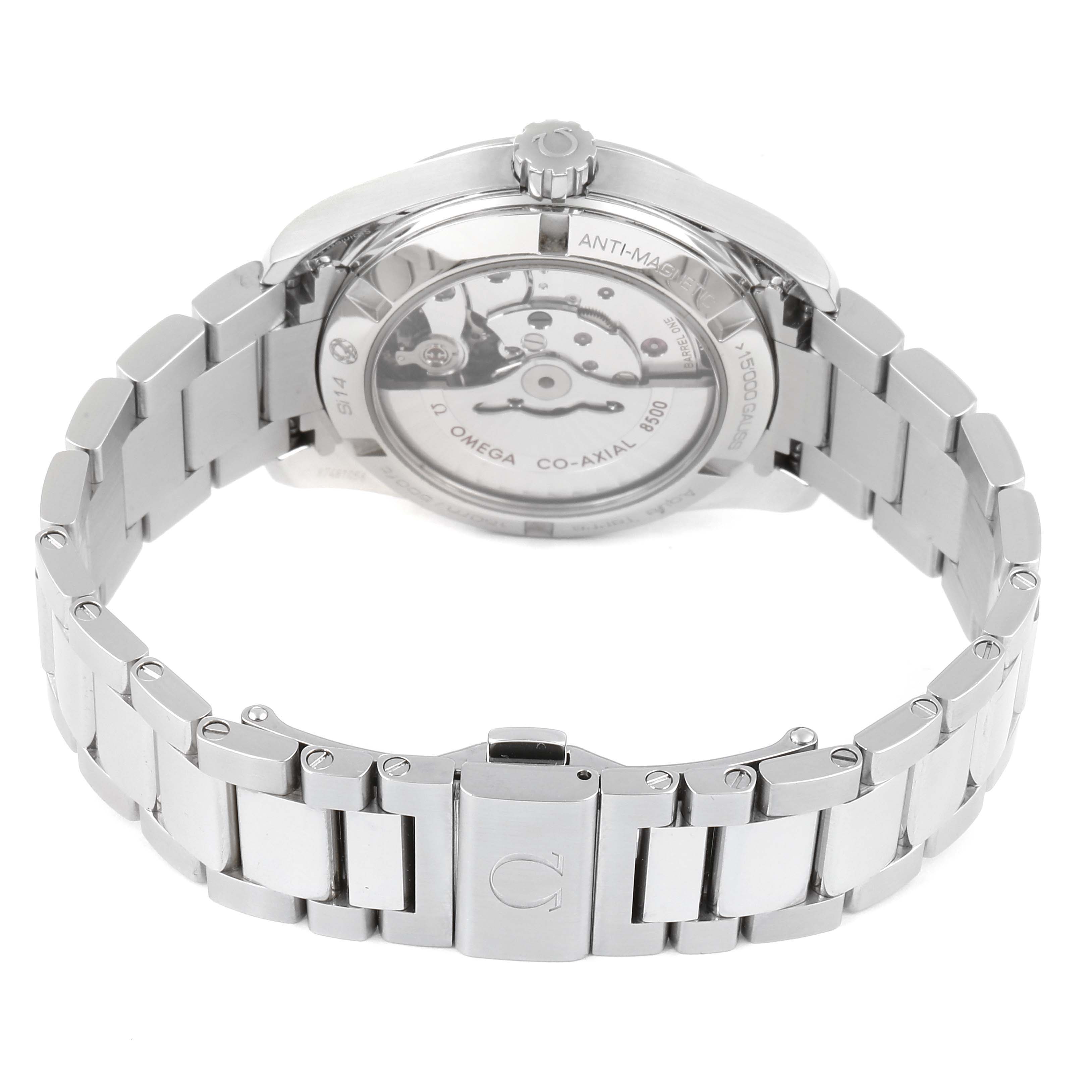 The image shows the back angle of the Omega Aqua Terra 231.10.39.21.03.002 Men
s Stainless Steel Blue Dial 231.10.39.21.03.002 Men
s Stainless Steel Blue Dial watch, highlighting its metal bracelet and the visible movement through the case back.