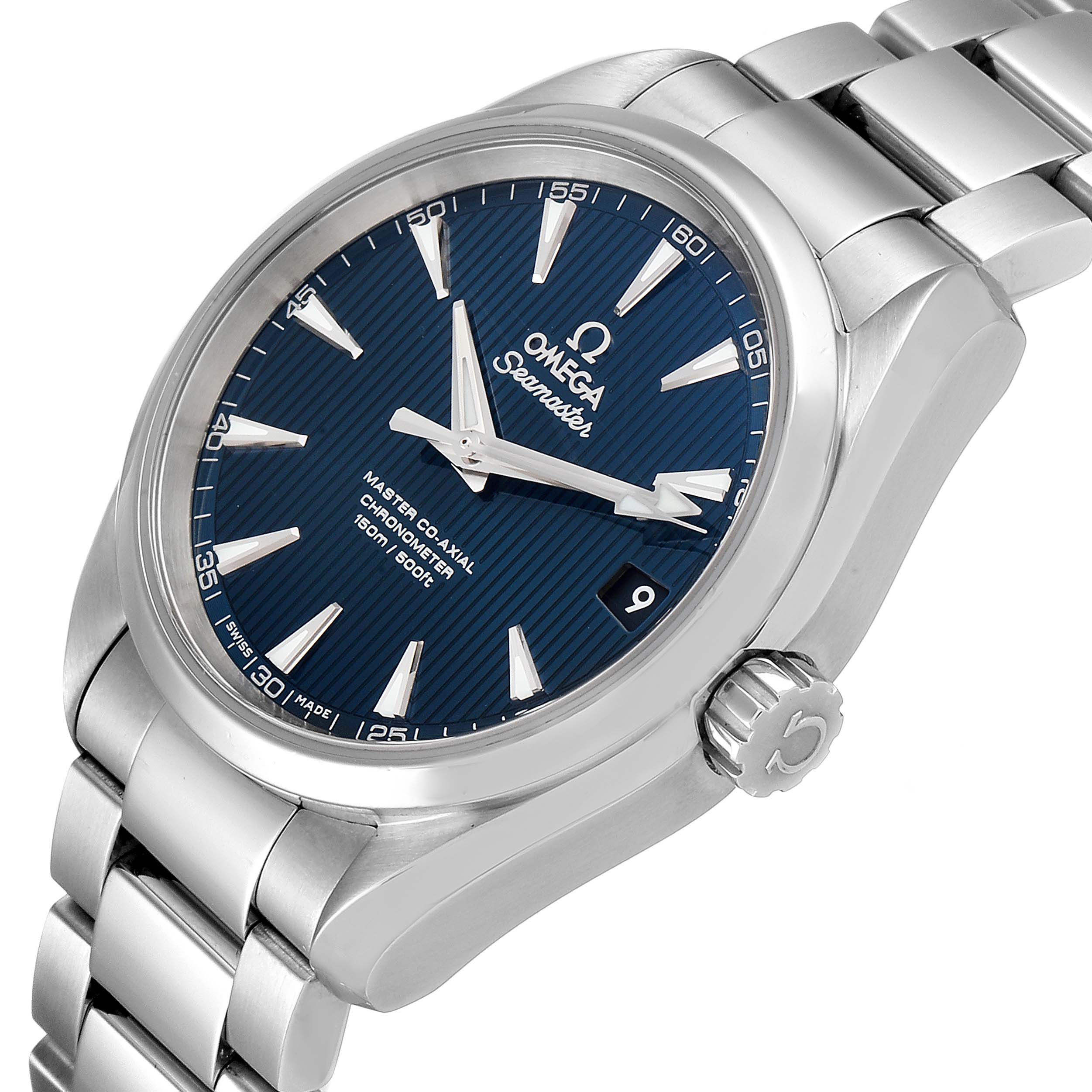 The Omega Aqua Terra 231.10.39.21.03.002 Men
s Stainless Steel Blue Dial 231.10.39.21.03.002 Men
s Stainless Steel Blue Dial watch is shown at a slight angle, highlighting the face, bezel, crown, and metal bracelet.