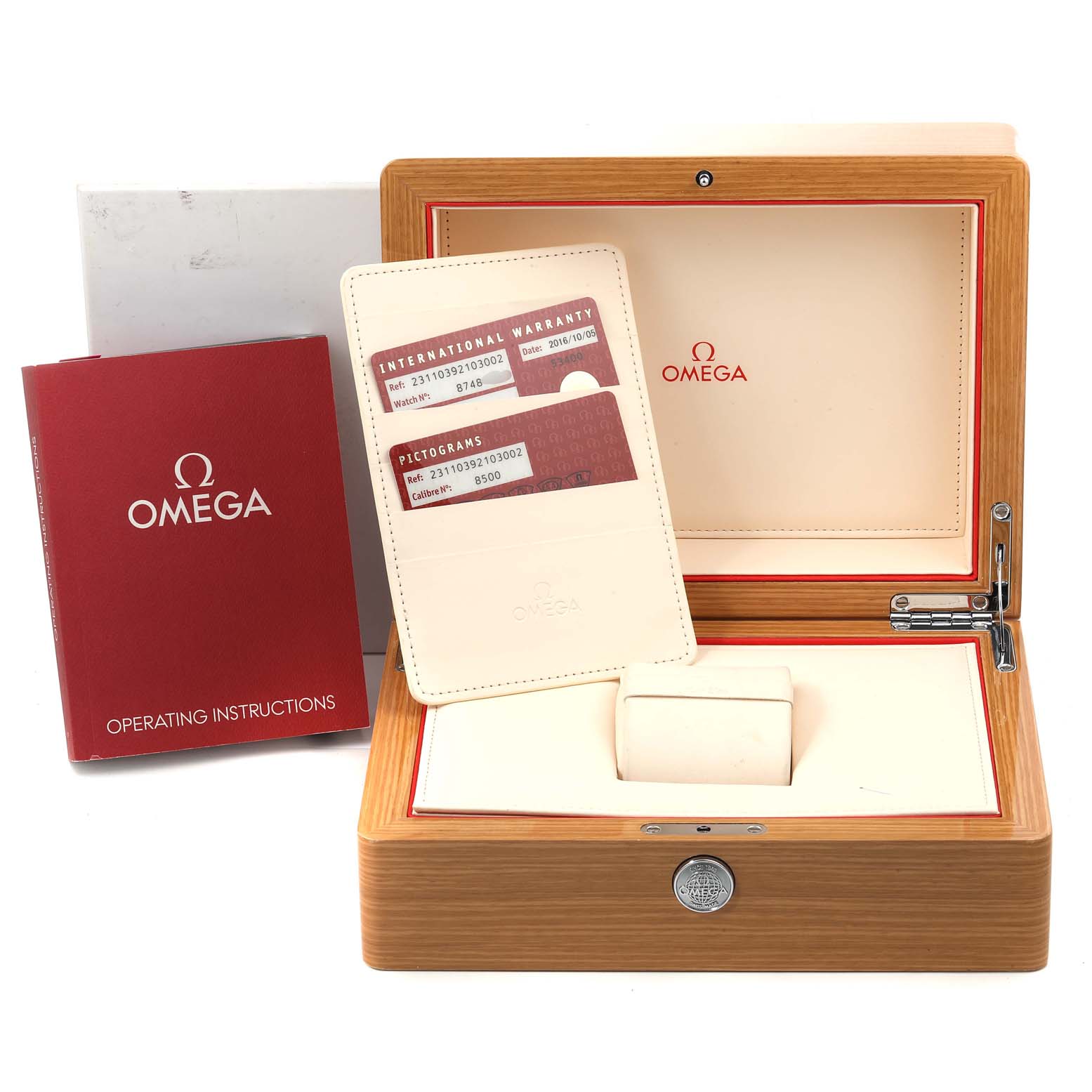 The image shows the Omega Aqua Terra 231.10.39.21.03.002 Men
s Stainless Steel Blue Dial 231.10.39.21.03.002 Men
s Stainless Steel Blue Dial watch box, warranty cards, and operating instructions from a front angle.