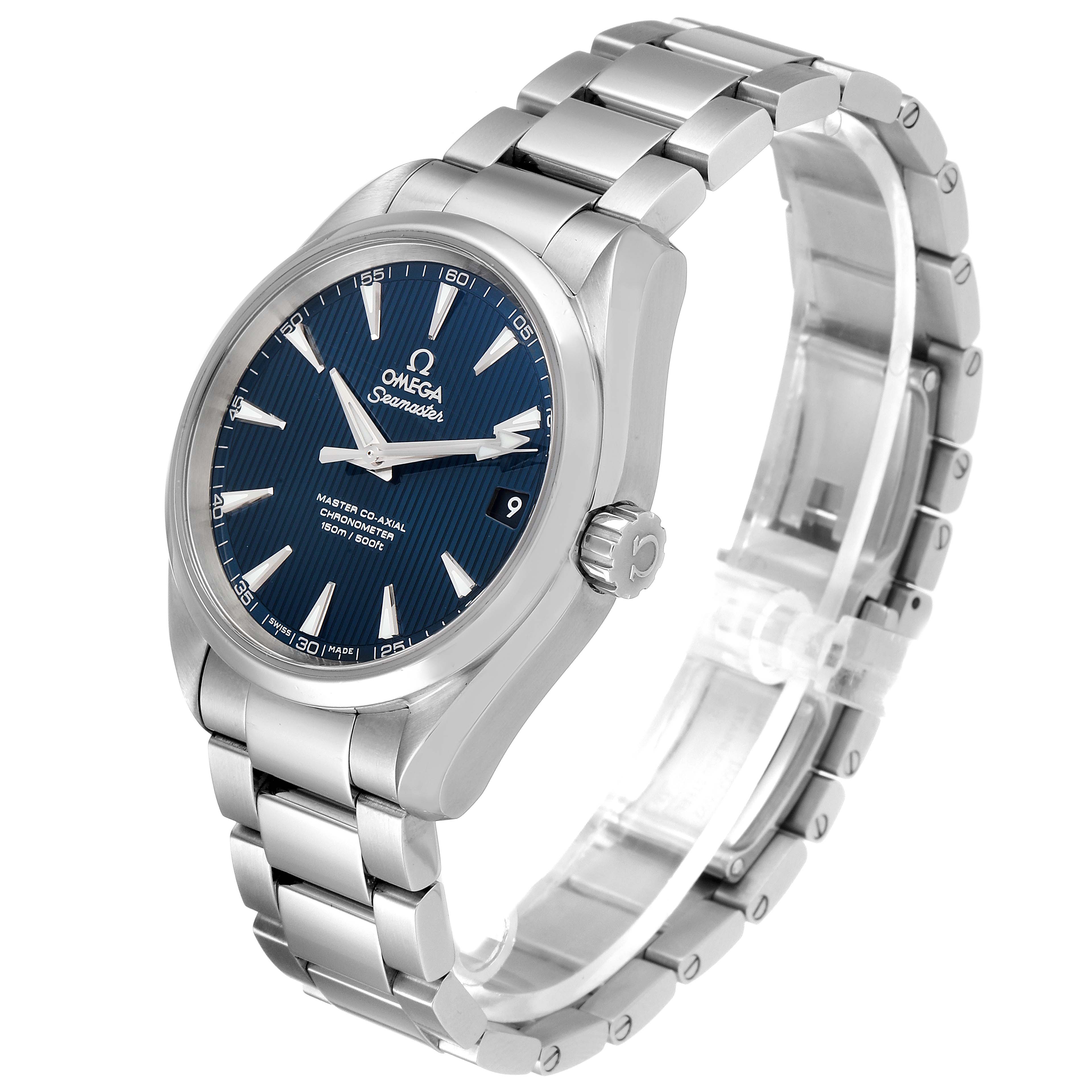 The image shows an angled front view of an Omega Aqua Terra 231.10.39.21.03.002 Men
s Stainless Steel Blue Dial 231.10.39.21.03.002 Men
s Stainless Steel Blue Dial watch, highlighting the face, bezel, and bracelet.