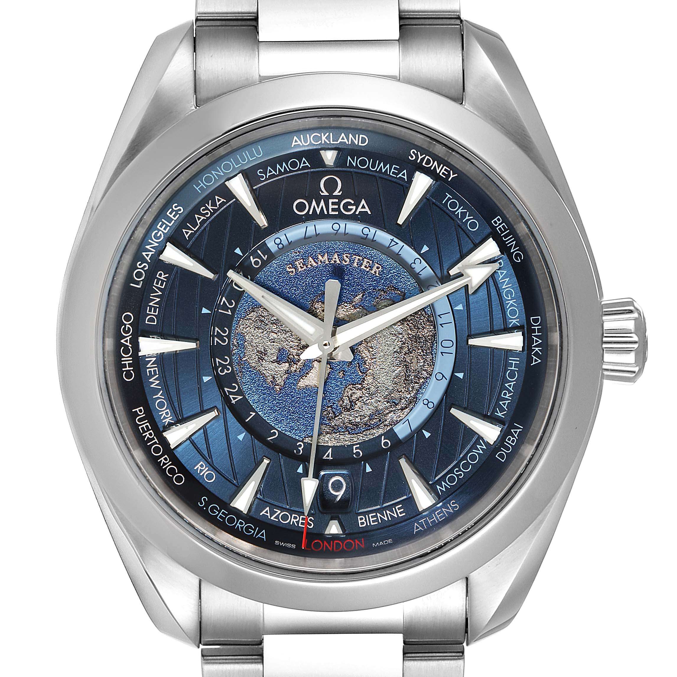 This Omega Aqua Terra 220.10.43.22.03.001 Men's Stainless Steel Blue Dial 220.10.43.22.03.001 Men's Stainless Steel Blue Dial model watch is shown from the front, highlighting its detailed dial and world time feature.
