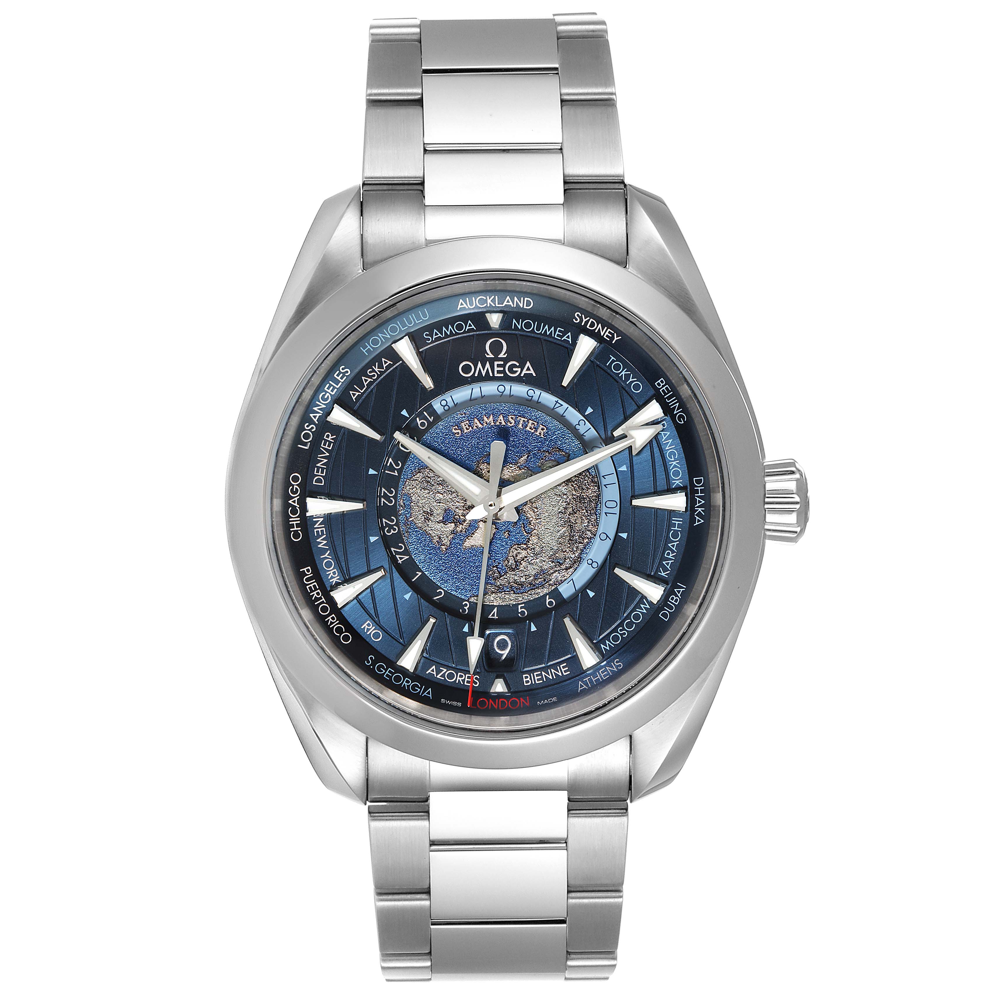 The image shows a front view of an Omega Aqua Terra 220.10.43.22.03.001 Men's Stainless Steel Blue Dial 220.10.43.22.03.001 Men's Stainless Steel Blue Dial watch, displaying its face, bezel, and bracelet.
