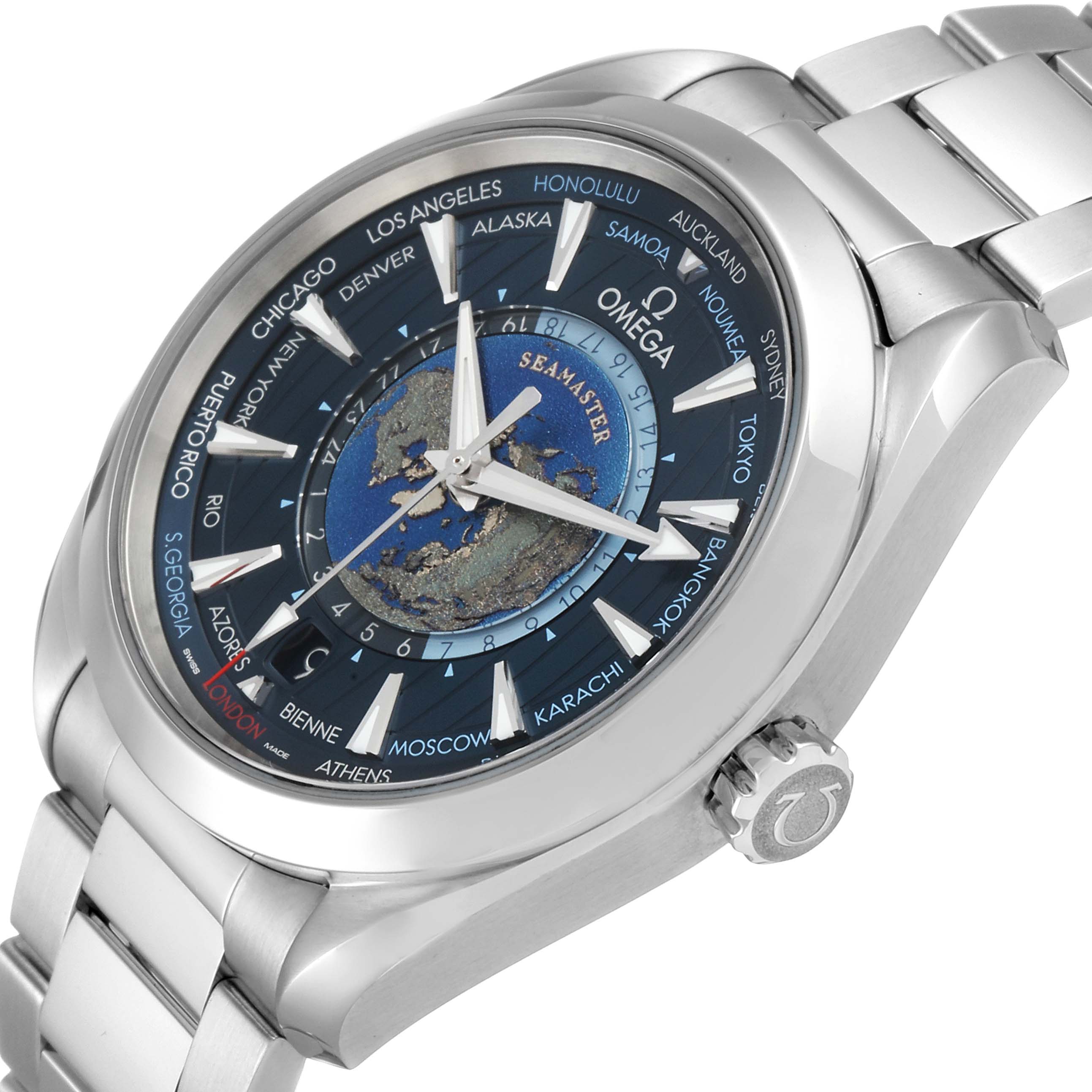 The image shows a side-angle view of the Omega Aqua Terra 220.10.43.22.03.001 Men's Stainless Steel Blue Dial 220.10.43.22.03.001 Men's Stainless Steel Blue Dial watch, highlighting the face, bezel, and stainless steel bracelet.