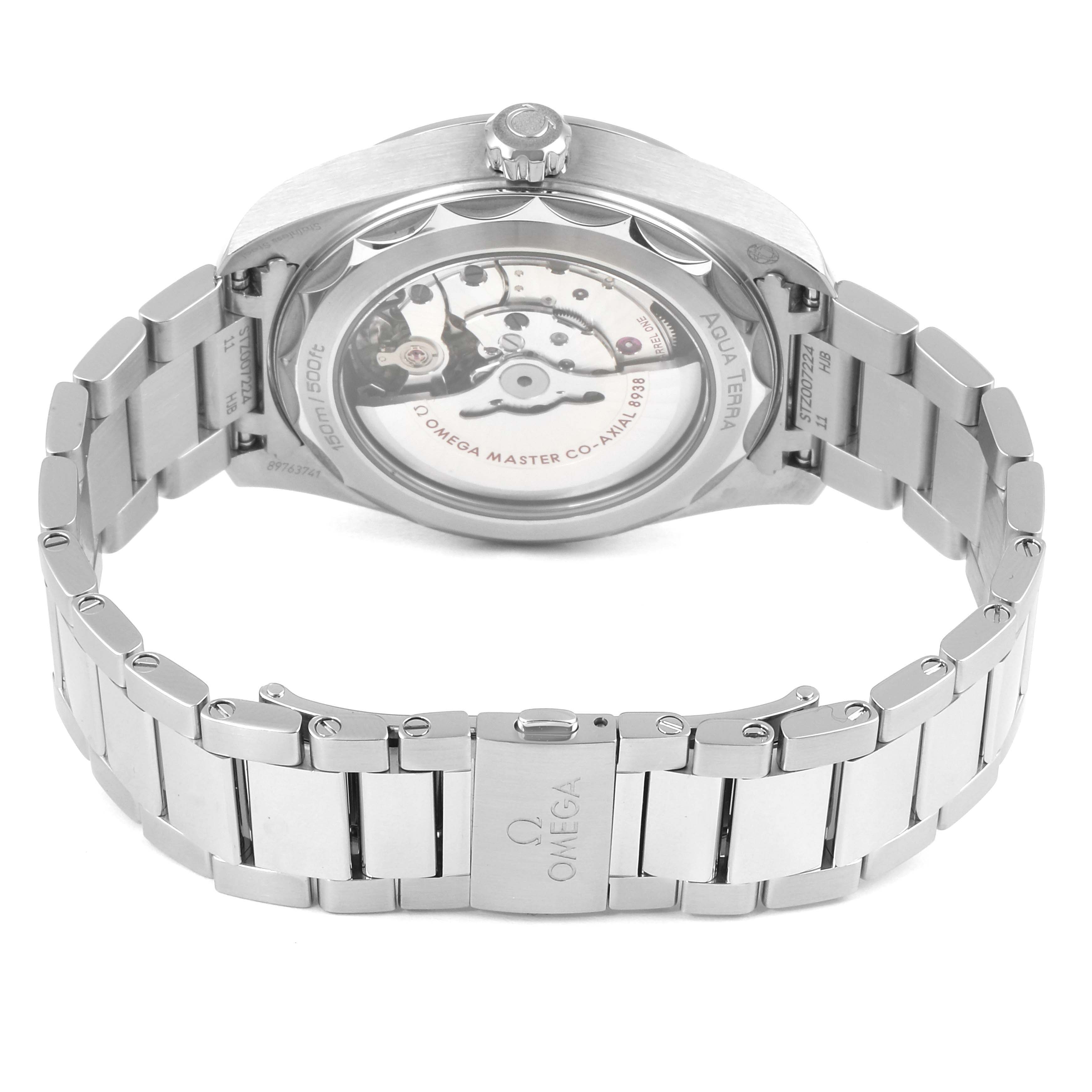 The image shows the back angle of the Omega Aqua Terra 220.10.43.22.03.001 Men's Stainless Steel Blue Dial 220.10.43.22.03.001 Men's Stainless Steel Blue Dial watch, highlighting the exposed movement and metal bracelet.