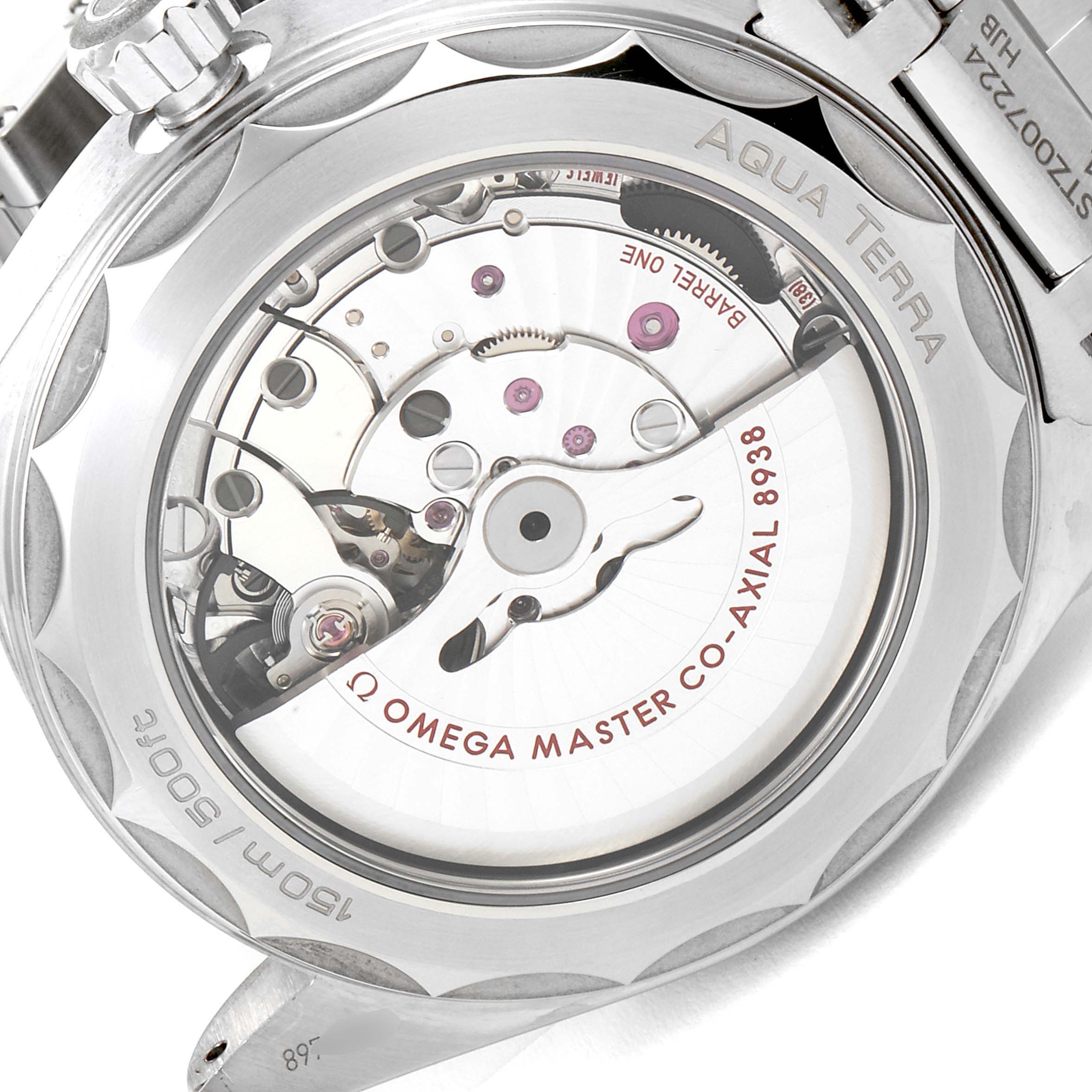 The image shows the back view of the Omega Aqua Terra 220.10.43.22.03.001 Men's Stainless Steel Blue Dial 220.10.43.22.03.001 Men's Stainless Steel Blue Dial watch, revealing its intricate internal mechanism.