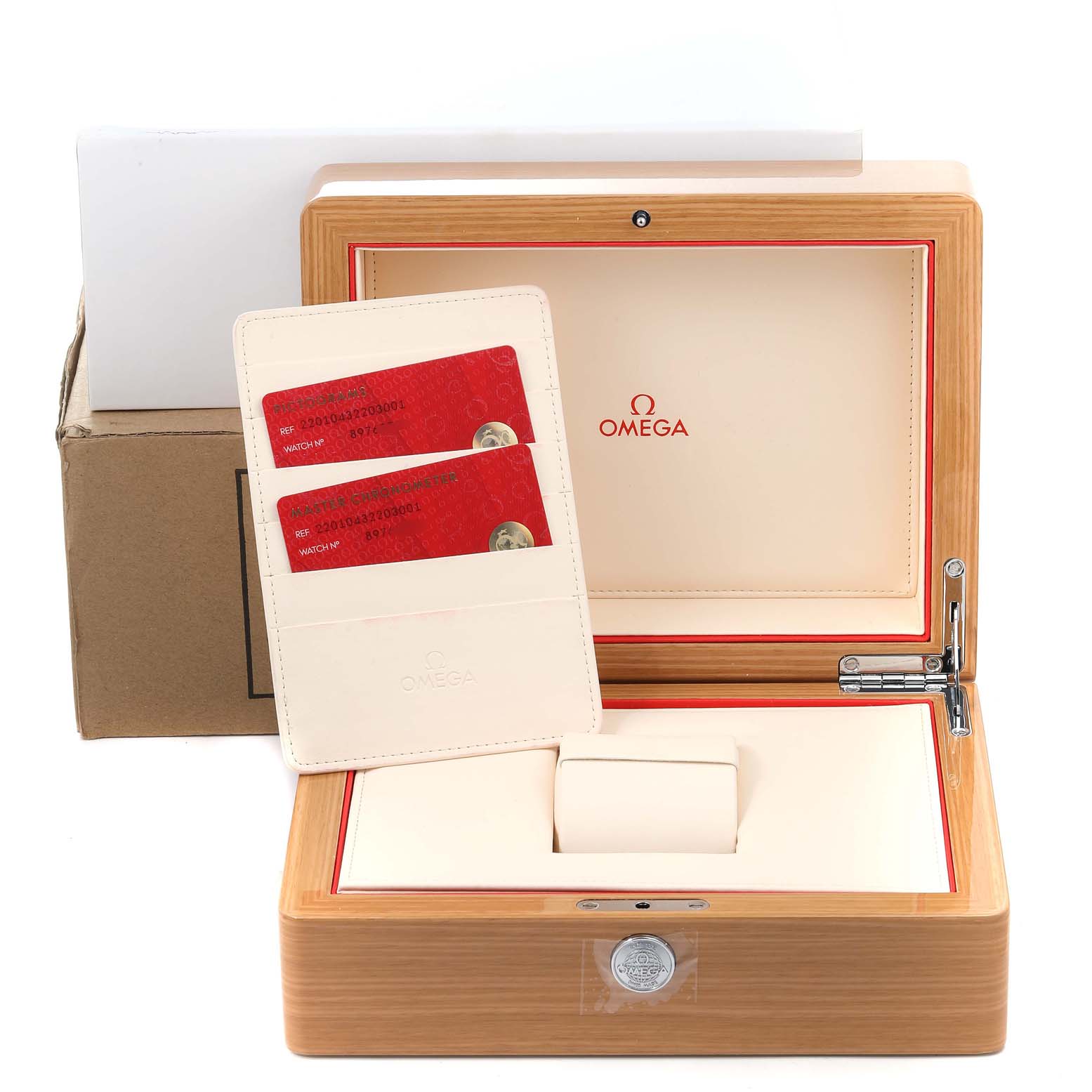 The image shows the packaging box and warranty cards for the Omega Aqua Terra 220.10.43.22.03.001 Men's Stainless Steel Blue Dial 220.10.43.22.03.001 Men's Stainless Steel Blue Dial watch model from a frontal angle.